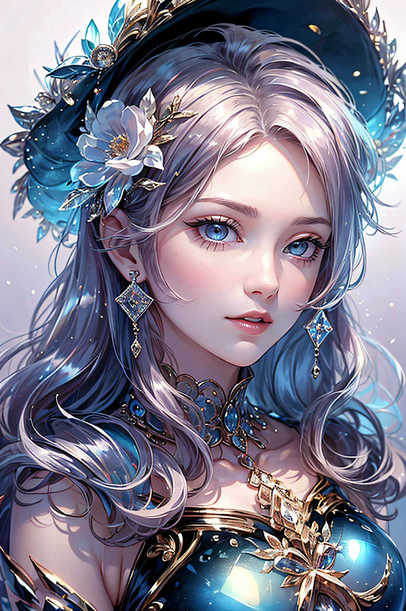 tmasterpiece,alta resolução,((Magic Orb)),Dynamic bust of the beautiful aristocratic maiden,Cabelo castanho castanho elegantemente enrolado,((Wearing a huge blue hat)),roxo olhos claros,The hair is covered with a beautiful and delicate floral craftsmanship, filigrana de joias de cristal,Detalhes ultra-detalhados,ampliado。