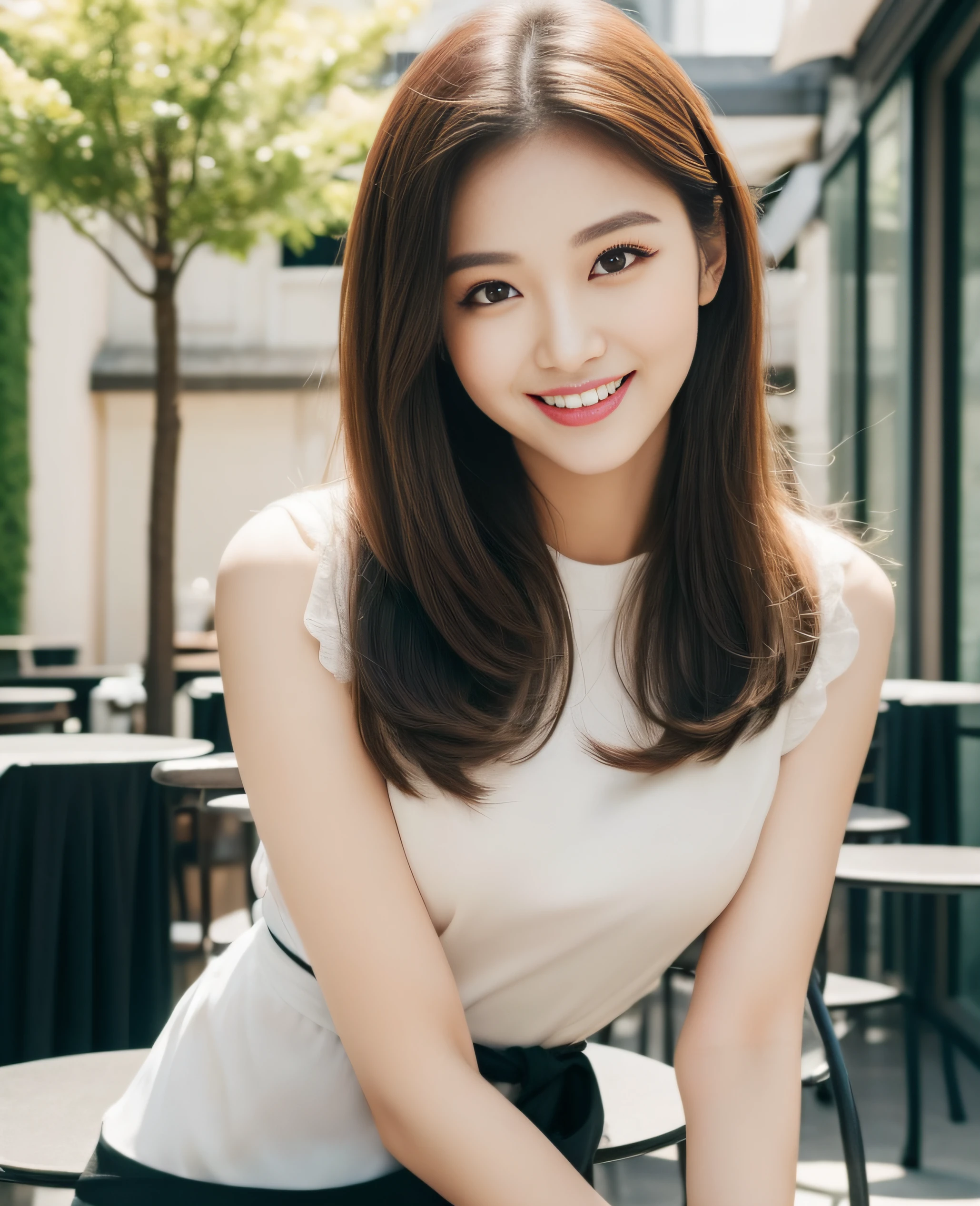 depth of field, 1girl, navel, solo, realistic, bokeh, skirt, photo \(medium\), green shirt, long hair, midriff, white skirt, lips, smile, small bosom, looking at viewer, blurry foreground, collarbone, teeth, shirt