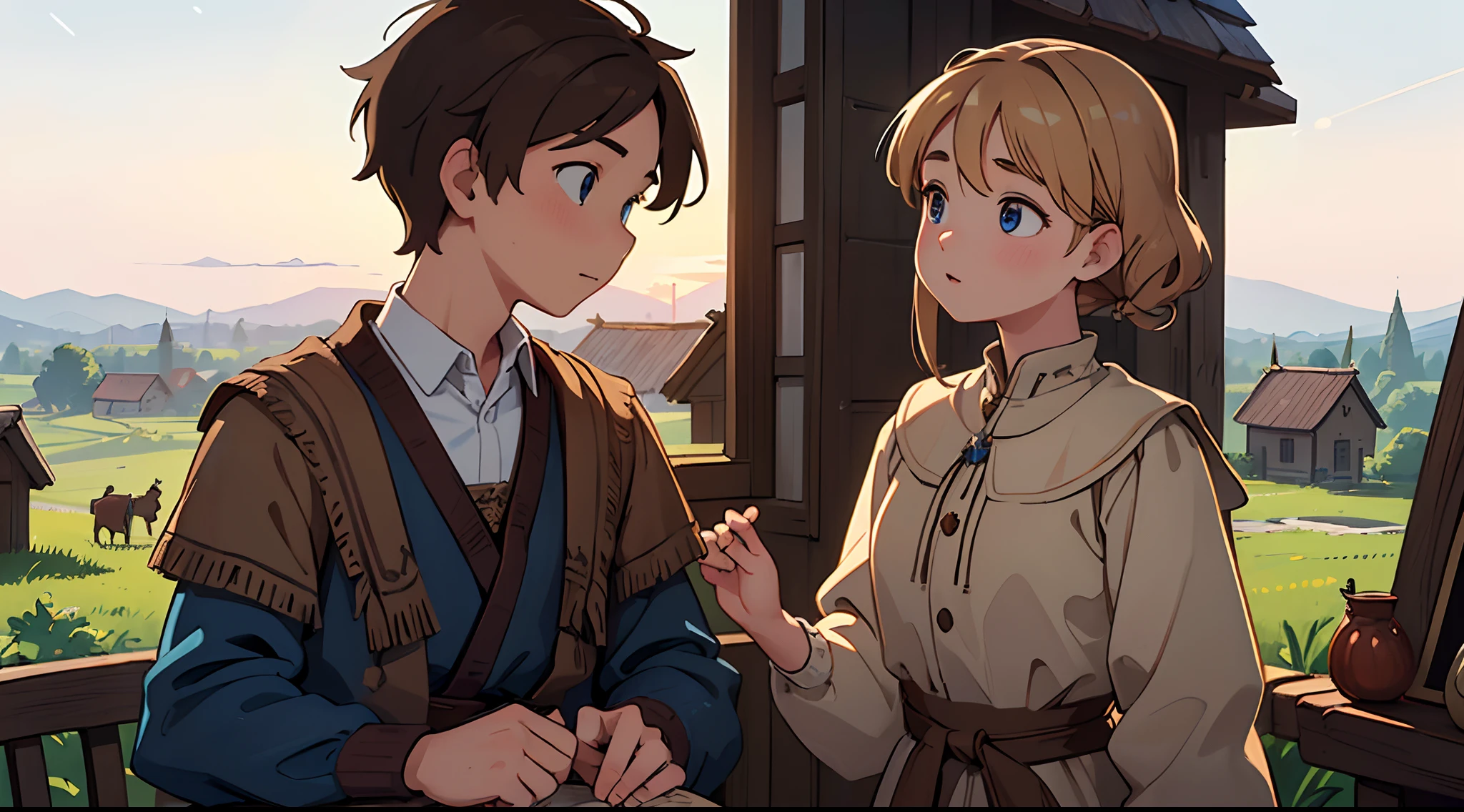 (Best quality:1.2), (masterpiece:1.2), (highly detailed:1.3), 1boy, 1girl, 1peasant boy, brown hair, brown eyes and 1peasant girl, blonde, blue eyes, (chatting), happy, in a peasant village, sunset as day gives way to night, a starry sky begins to appear above, immersive image, anime