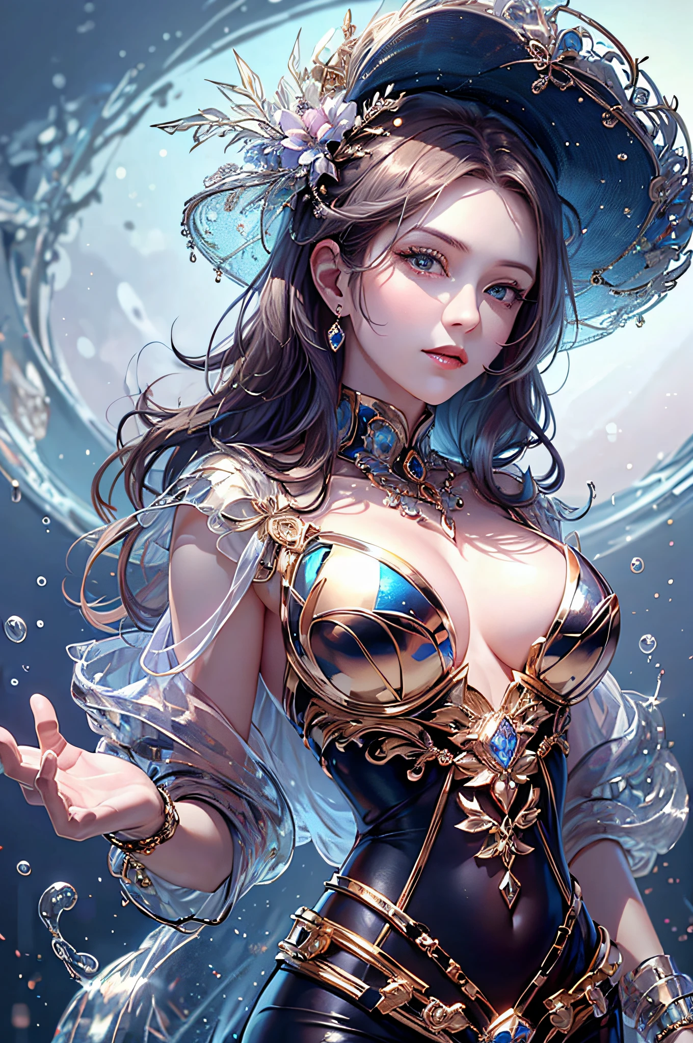 tmasterpiece,alta resolução,((Magic Orb)),Dynamic bust of the beautiful aristocratic maiden,Cabelo castanho castanho elegantemente enrolado,((Wearing a huge blue hat)),roxo olhos claros,The hair is covered with a beautiful and delicate floral craftsmanship, filigrana de joias de cristal,Detalhes ultra-detalhados,ampliado。