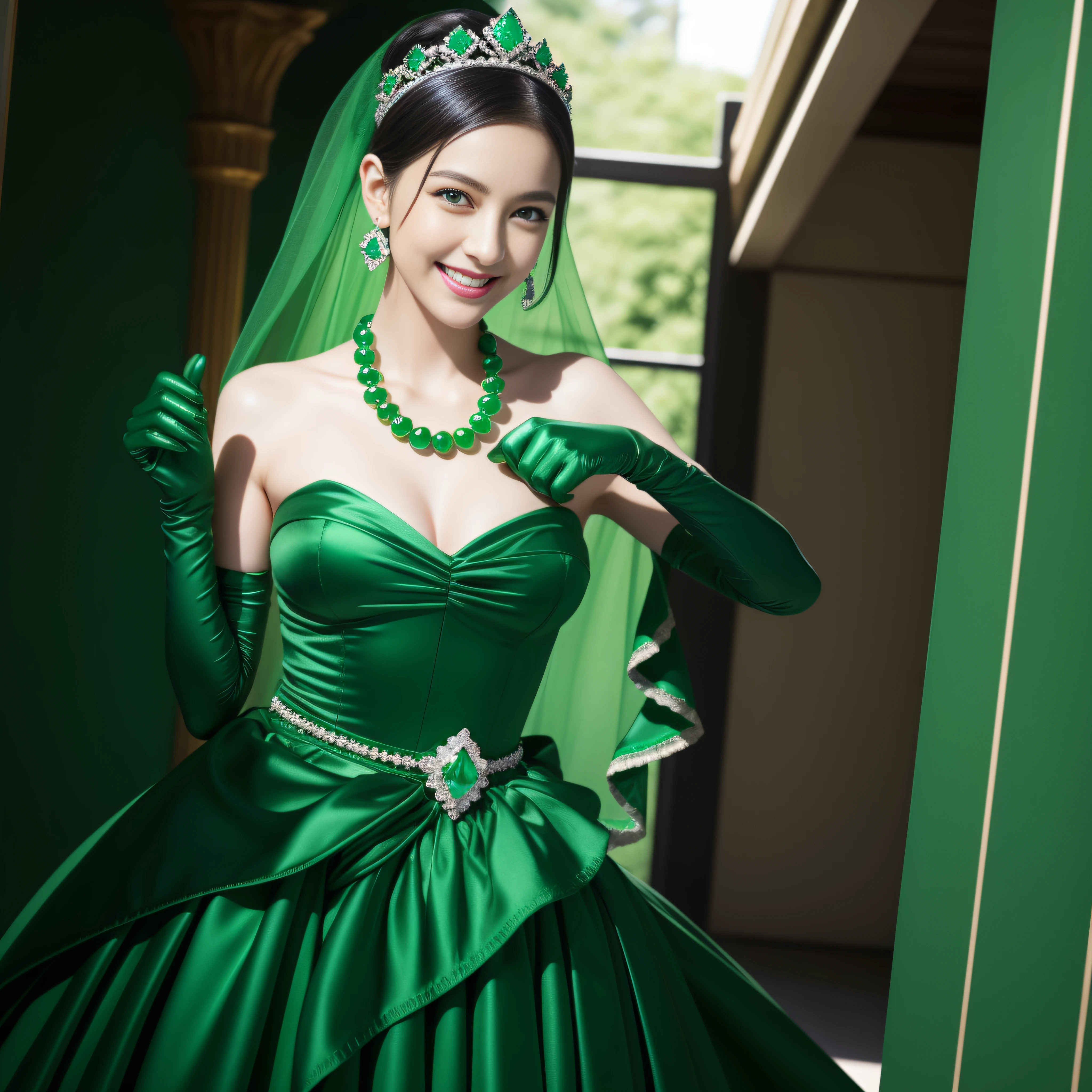 emerald tiara, Green Pearl Necklace, Boyish very short black hair, lipsticks, Japan woman smiling, very short short hair, big breasts beautiful, Green eyes, Long green gloves made of satin material, Green eyes, Emerald Earrings