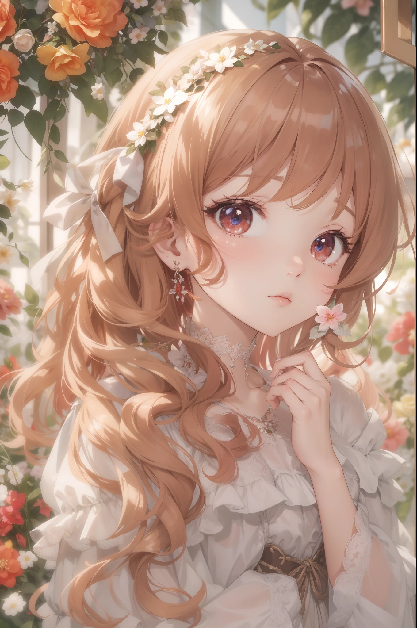 absurderes, ultra-detailliert,pale color, extremely beautiful detailed anime face and eyes, shiny wavy red hair、 Delicate beautiful face, 、ligh brown hair、Eyes are red,beautiful and delicate eyes、Cute Girly Beautiful Girl(独奏:1,2),Perfect slim body,Head Ribbon、Looking into the distance、(flower gardens、florals、Crystal Furniture、)
