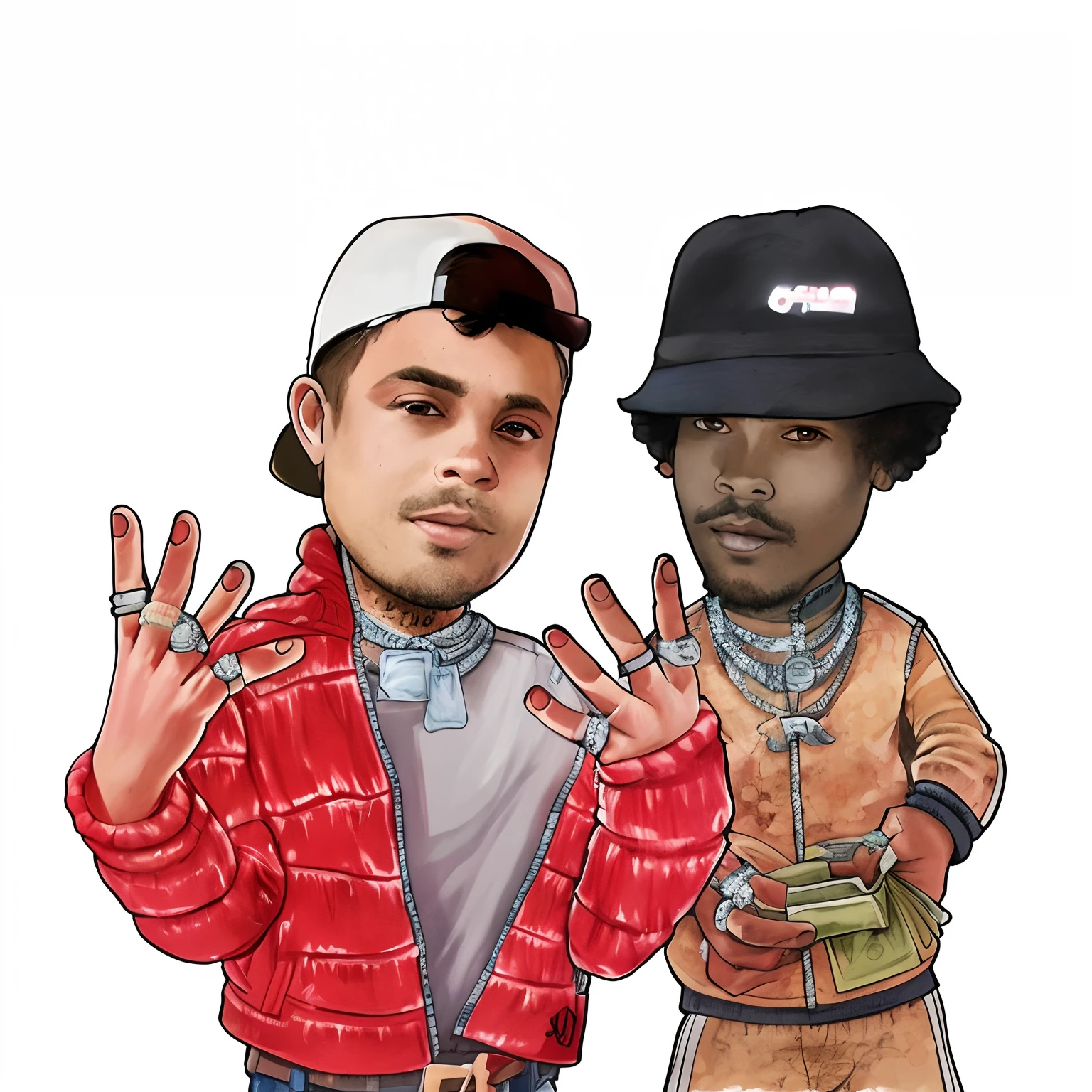 desenho animado de dois homens com um mostrando o sinal de paz e o outro mostrando o sinal de paz, official fan art, rap bling, fanart oficial, estilo de arte dos desenhos animados, fanart de alta qualidade, arte digital. @mariomaniacdude, Crips, Monet e Da Vinchi estilo de arte, obras de arte pagas, arte oficial, arte dos desenhos animados, Telegrama Sticker, caracteres mesclados, Bandidos