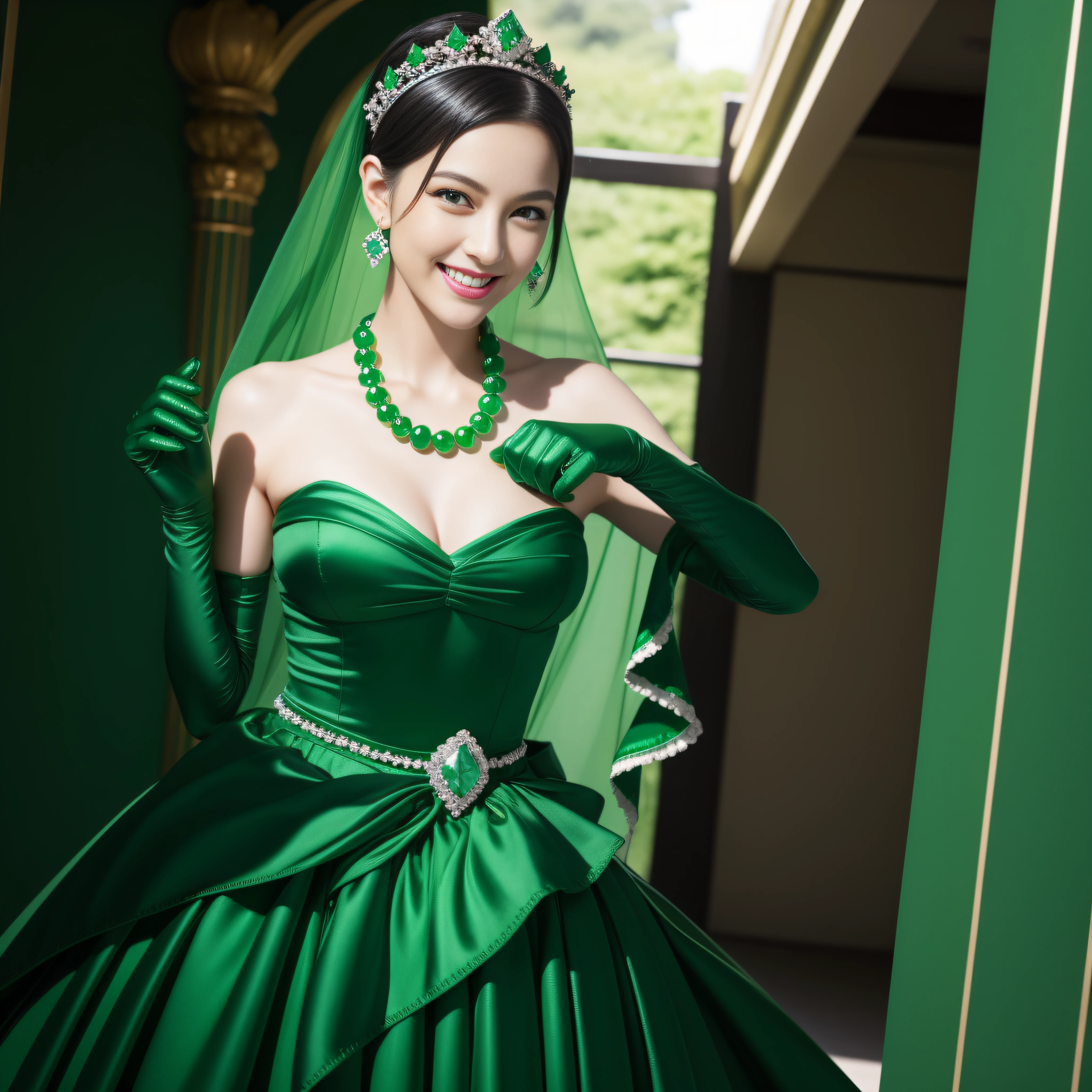 emerald tiara, Green Pearl Necklace, Boyish very short black hair, lipsticks, Japan woman smiling, very short short hair, big breasts beautiful, Green eyes, Long green gloves made of satin material, Green eyes, Emerald Earrings