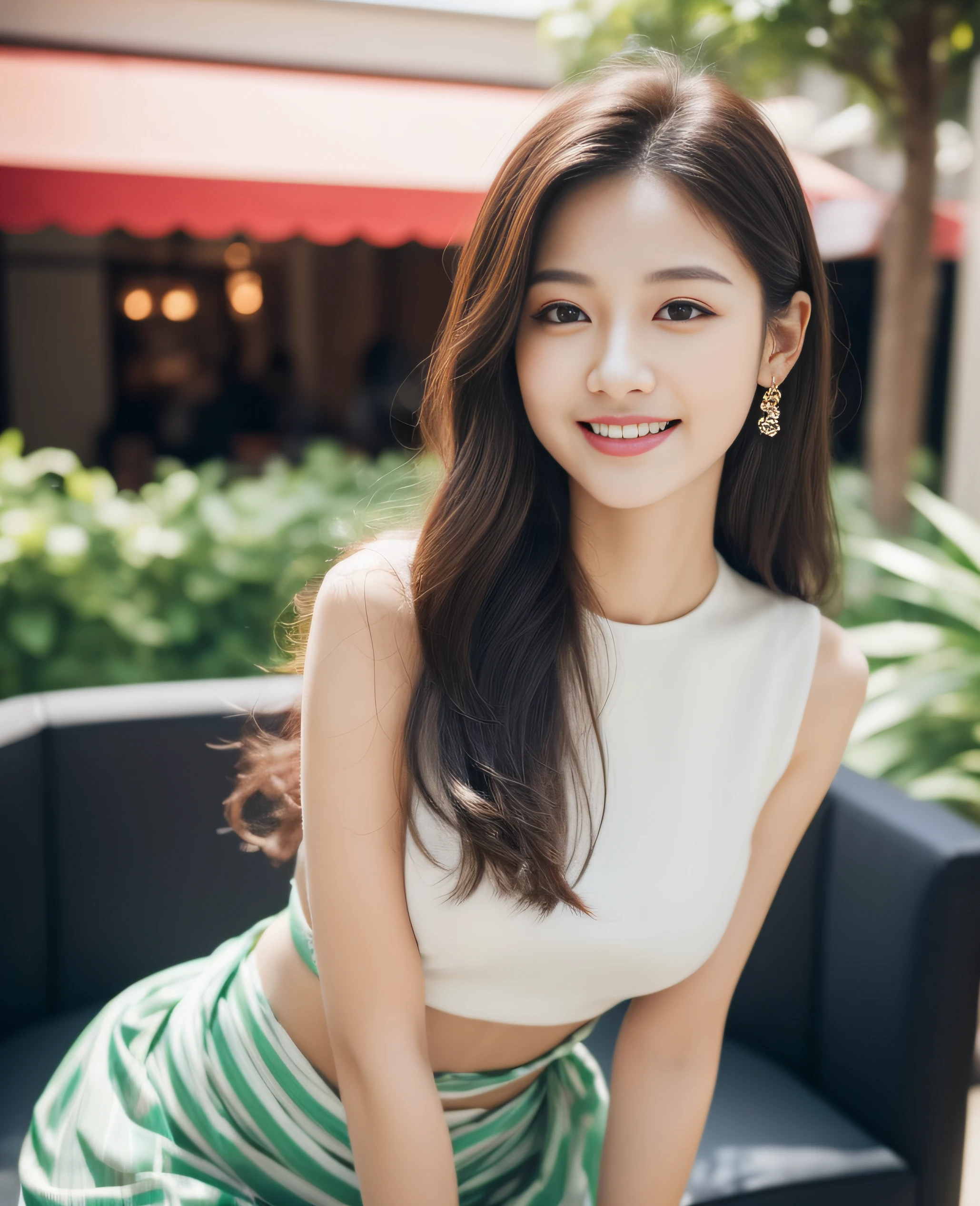 ((Top quality, 8K, Masterpiece: 1.3)), Beautiful girl, Pure, Melon face, Kind and cute, Sweet smile, Pure desire, Slender body, (Front), (Tilted head), ((Looking at camera) ), wearing a colorful suit, black silky long hair, long flowing shoulders, round black big eyes, clear big eyes, moist red lips, sweet, sitting on a chair, cafe terrace background ,(((waist shot))),