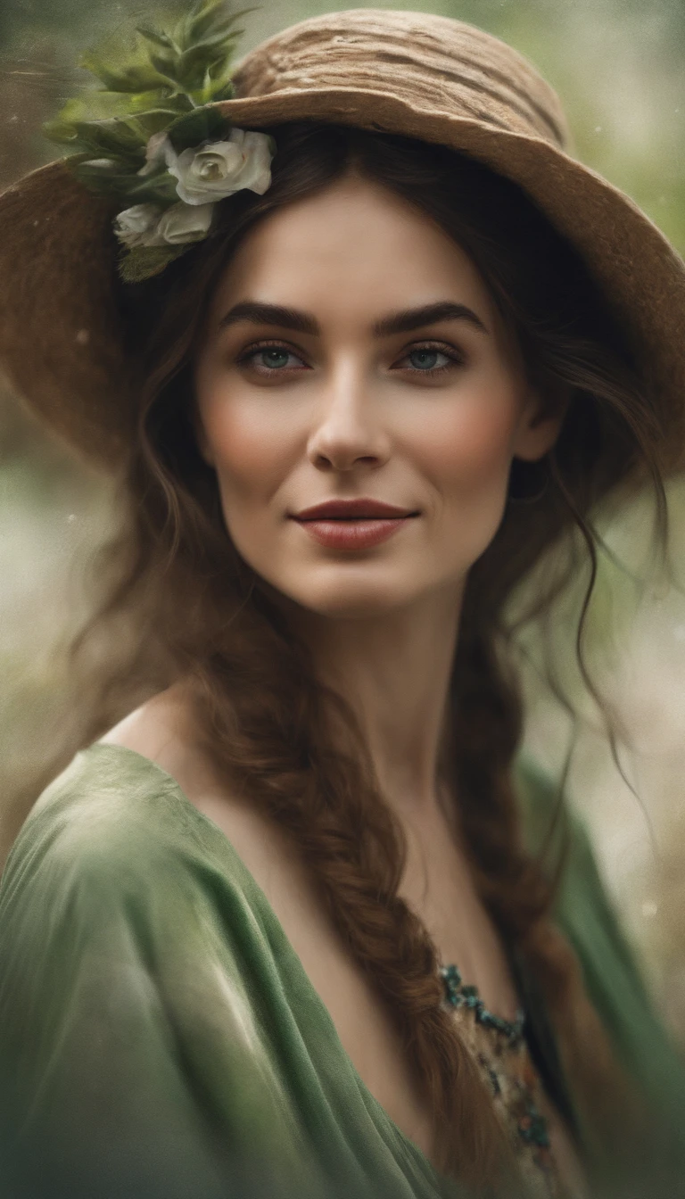 An illustration of a portrait of a beautiful white woman with black hair smiling, dressed with a green and white dress, wearing a straw hat, a sunny day in the background, a lot of details, Perfect centering, Wearing a jacke,With a round face,in green,florals,pentacle,Watches cheerfulness, Standing position, Abstract beauty, Centered, Looking at the camera, Facing the camera, Approaching perfection, Dynamic, Highly detailed, Smooth, Sharp Focus, 8K, hight resolution, Illustration, art by carne griffiths and wadim kashin, White background