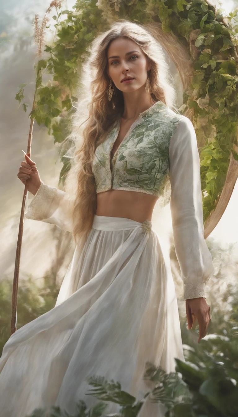 An illustration of a portrait of a beautiful white woman with black hair smiling, dressed with a green and white dress, wearing a straw hat, a sunny day in the background, a lot of details, Perfect centering, Wearing a jacke,With a round face,in green,florals,pentacle,Watches cheerfulness, Standing position, Abstract beauty, Centered, Looking at the camera, Facing the camera, Approaching perfection, Dynamic, Highly detailed, Smooth, Sharp Focus, 8K, hight resolution, Illustration, art by carne griffiths and wadim kashin, White background