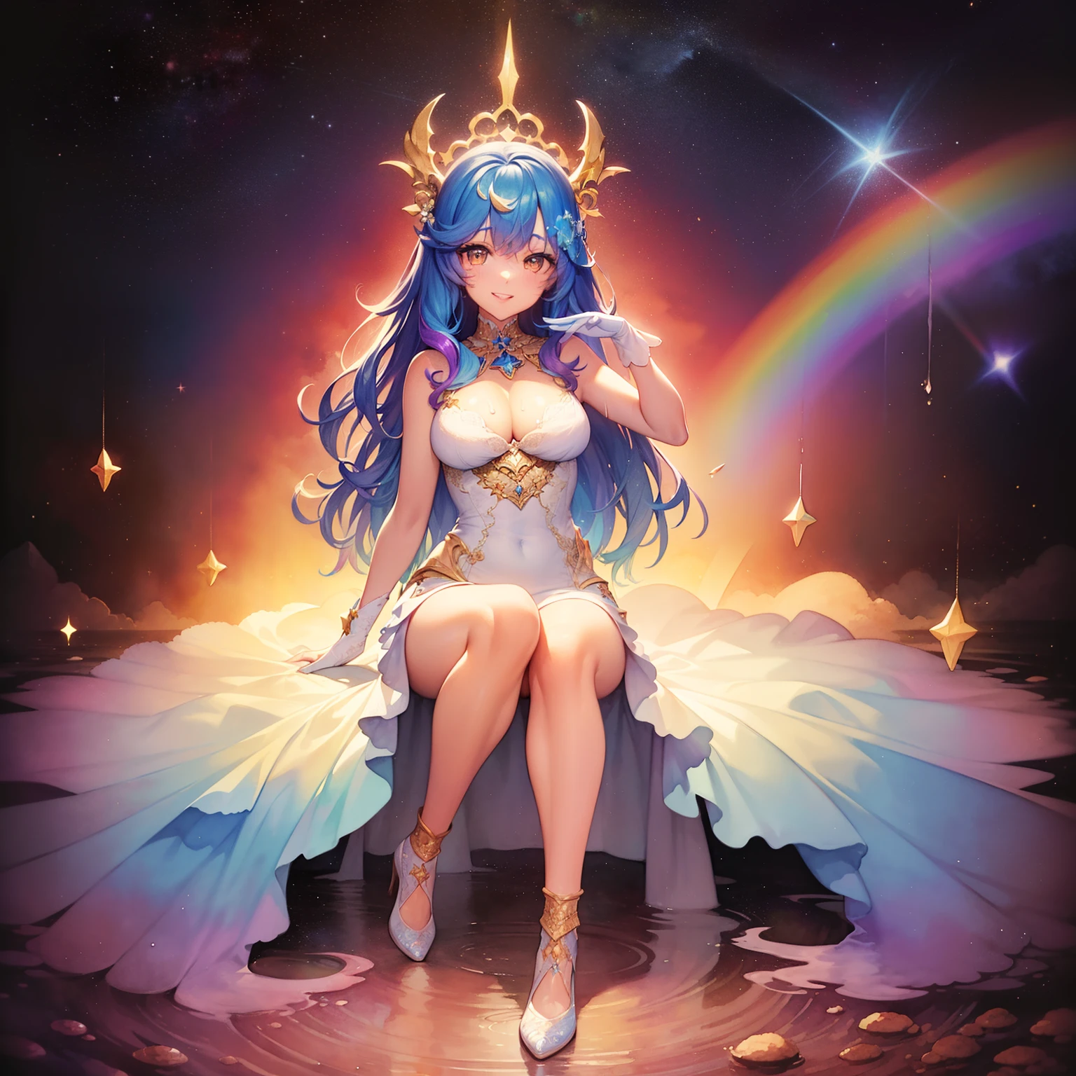 (masterpiece, top quality, best quality,watercolor (medium),official art, beautiful and aesthetic:1.2), (unreal art:1.3), full body, smiling, inviting you in, viewer,patterns,(rainbow color Hair,colorful hair, full cosmic star hair:1.2) liquid, cloud,colorful, starry,stars, goddess of pleasure, dripping cream.sun's. Kim Kardashian face and body.