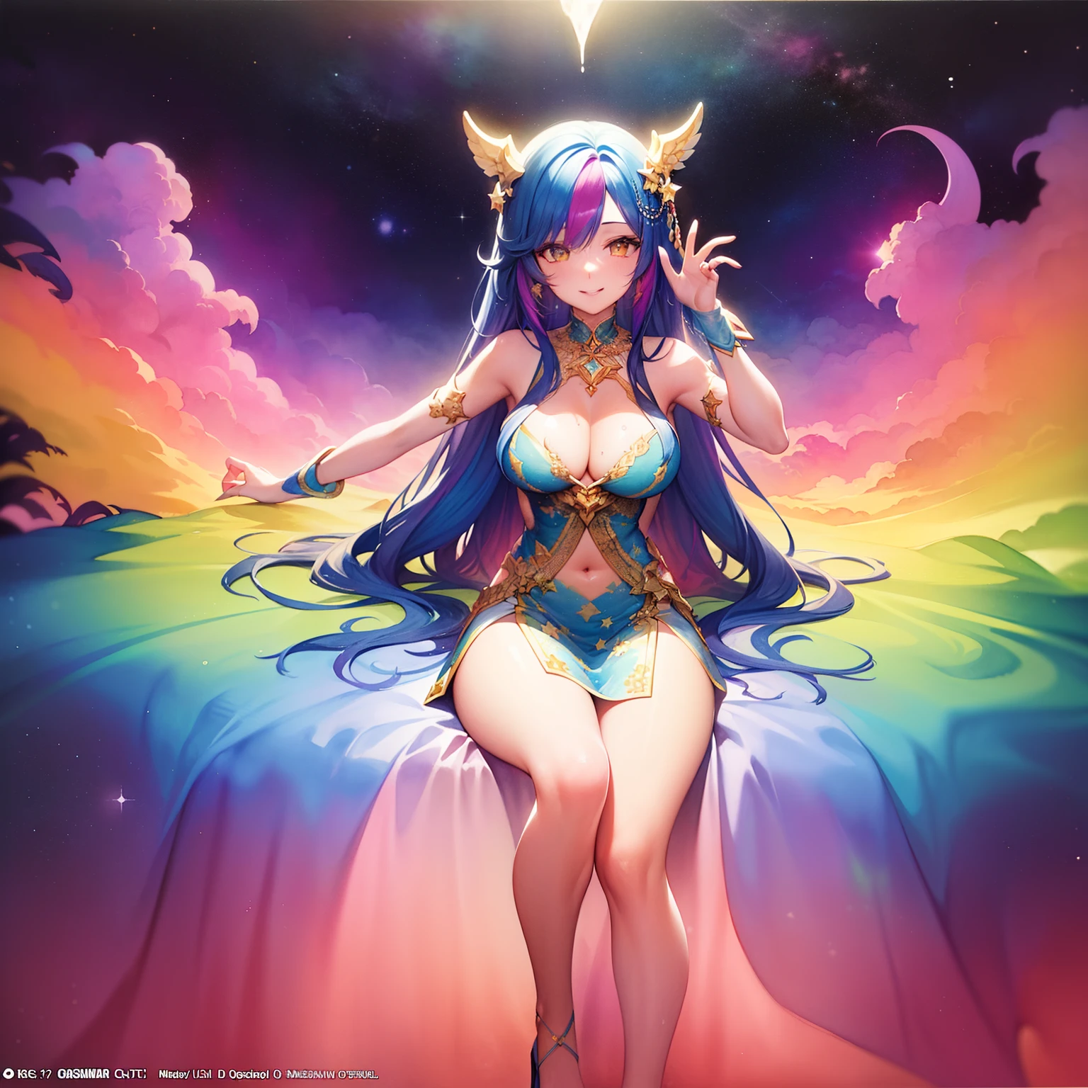 (masterpiece, top quality, best quality,watercolor (medium),official art, beautiful and aesthetic:1.2), (unreal art:1.3), full body, smiling, inviting you in, viewer,patterns,(rainbow color Hair,colorful hair, full cosmic star hair:1.2) liquid, cloud,colorful, starry,stars, goddess of pleasure, dripping cream.sun's. Kim Kardashian face and body.