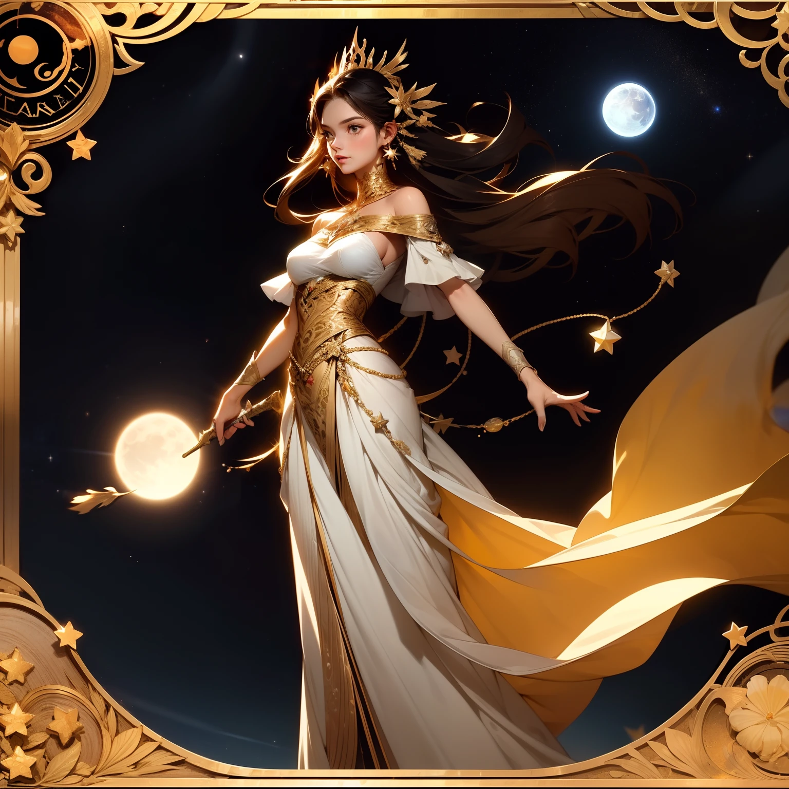 Tarot card design with swords, moons, stars, suns.
