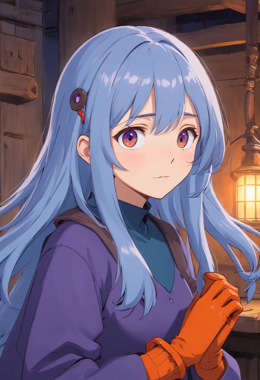 high res, best quality, ultrasharp, 8K, masterpiece, 1girl, long pale dark blue hair with dark orange streak, medium front hair, fancy grey clothes, purple gloves, brown eyes, warm and friendly and kind and worried expression.