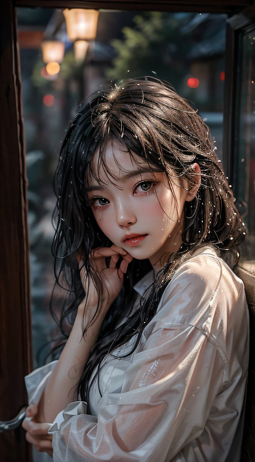 Facing the rain, She hugged herself tightly。Her eyes were washed by the wet rain, Very clear。Her lips trembled slightly, It was as if he was silently saying something。The houses lining the alley were soaked by night and rain, The water stains on the walls are rich in patterns, Describe the intricacies of complexity。Light came through the window of a room, Reflecting her wet hair, It presents a heart-warming beauty in the dim night。The whole scene is shrouded in a downpour at night，It gives a real and deep feeling。
