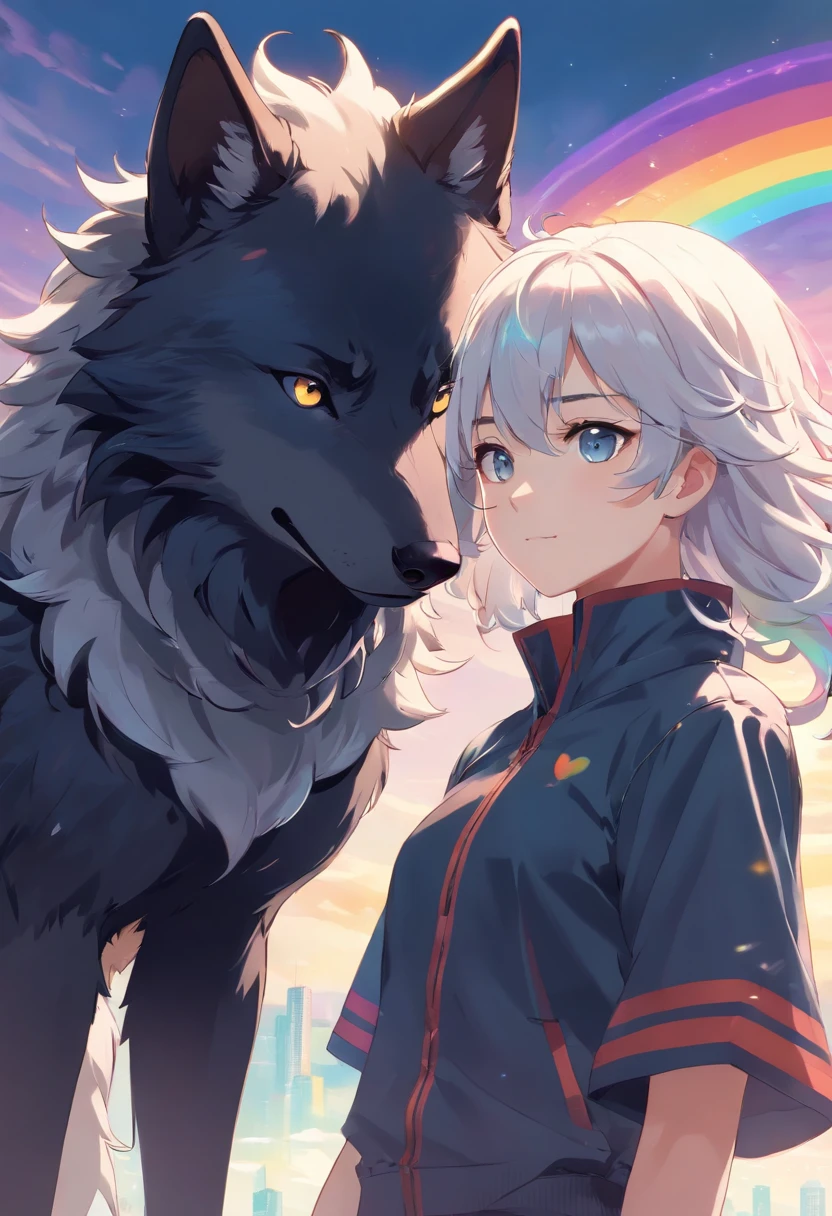 A black wolf and a white wolf is a young ager with white curly hair and a black outfit with rainbow details