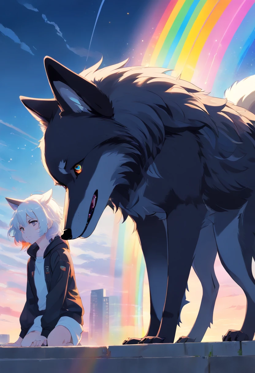 A black wolf and a white wolf is a young teenager with white curly hair and a black outfit with rainbow details