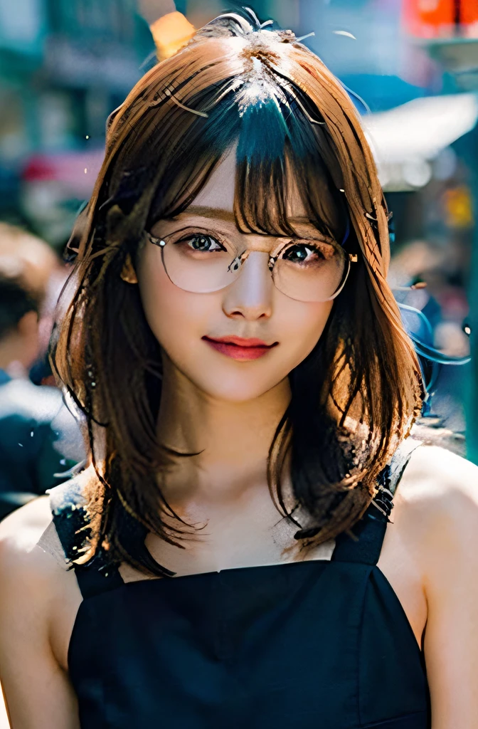 (8K、Raw photography、top-quality、masterpiece:1.2)、(realisitic、Photorealsitic:1.37)、ultra-detailliert、超A high resolution、1人、see the beholder、beautifull detailed face、A smile、Constriction、(Slim waist) :1.3)、summer clothing、Beautiful detailed skin、Skin Texture、Floating hair、Professional Lighting、In the city of heavy rain、Hair or clothes are wet、Black square glasses 、Whole human body、Brown hair