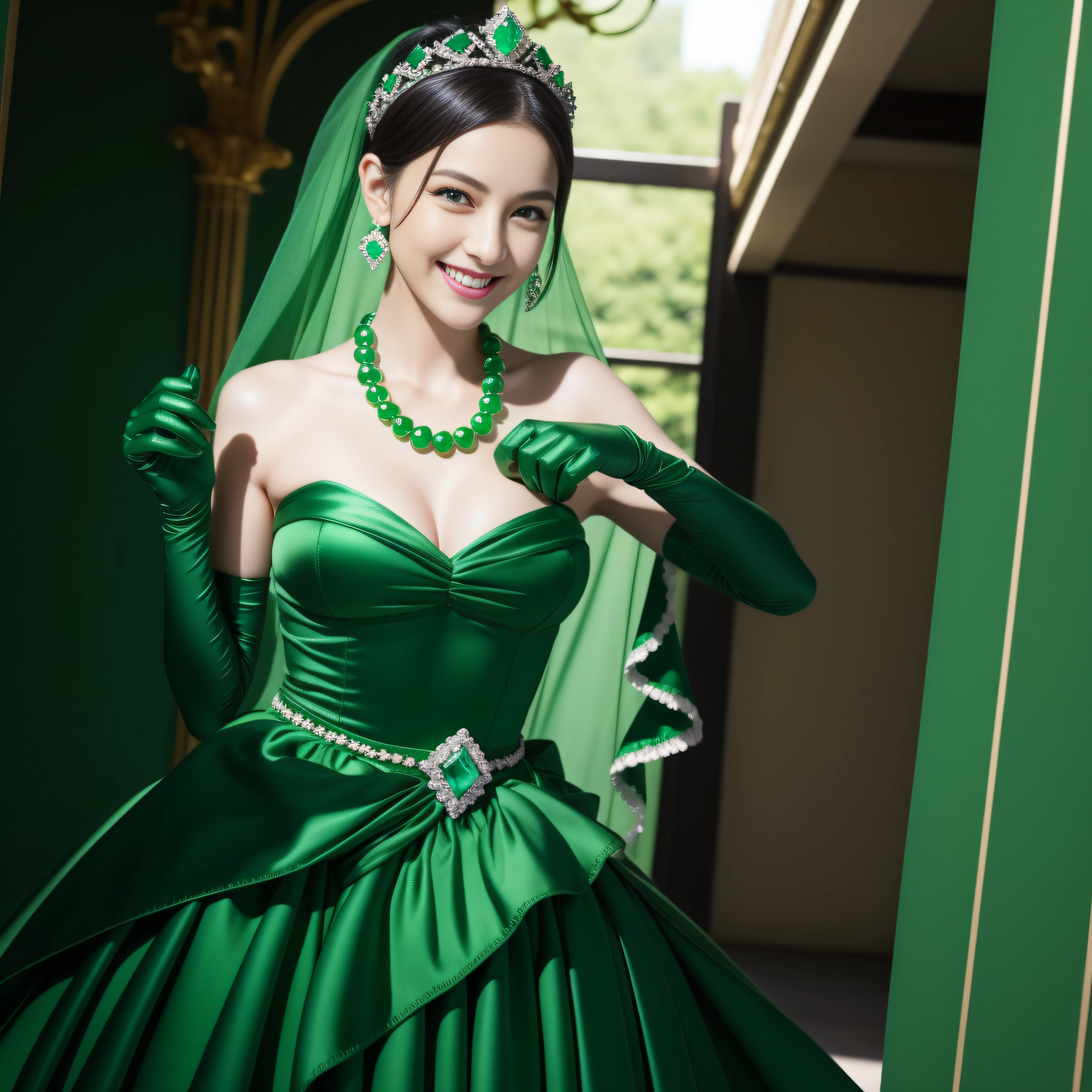 emerald tiara, Green Pearl Necklace, Boyish very short black hair, lipsticks, Japan woman smiling, very short short hair, big breasts beautiful, Green eyes, Long green gloves made of satin material, Green eyes, Emerald Earrings, The tattoo