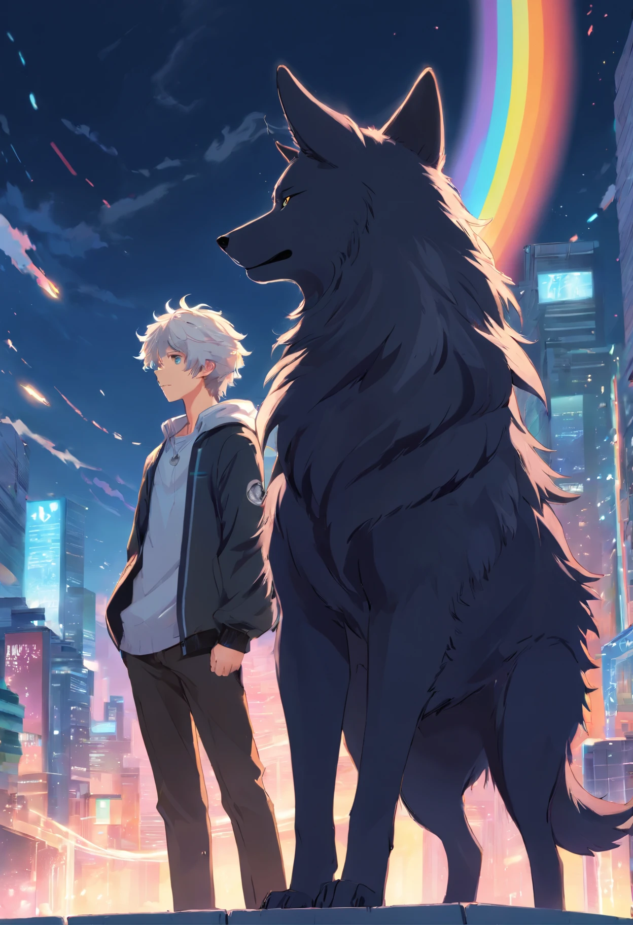 A black wolf and a white wolf is a young teenage man with white curly hair and a black outfit with rainbow details holding a spirit
