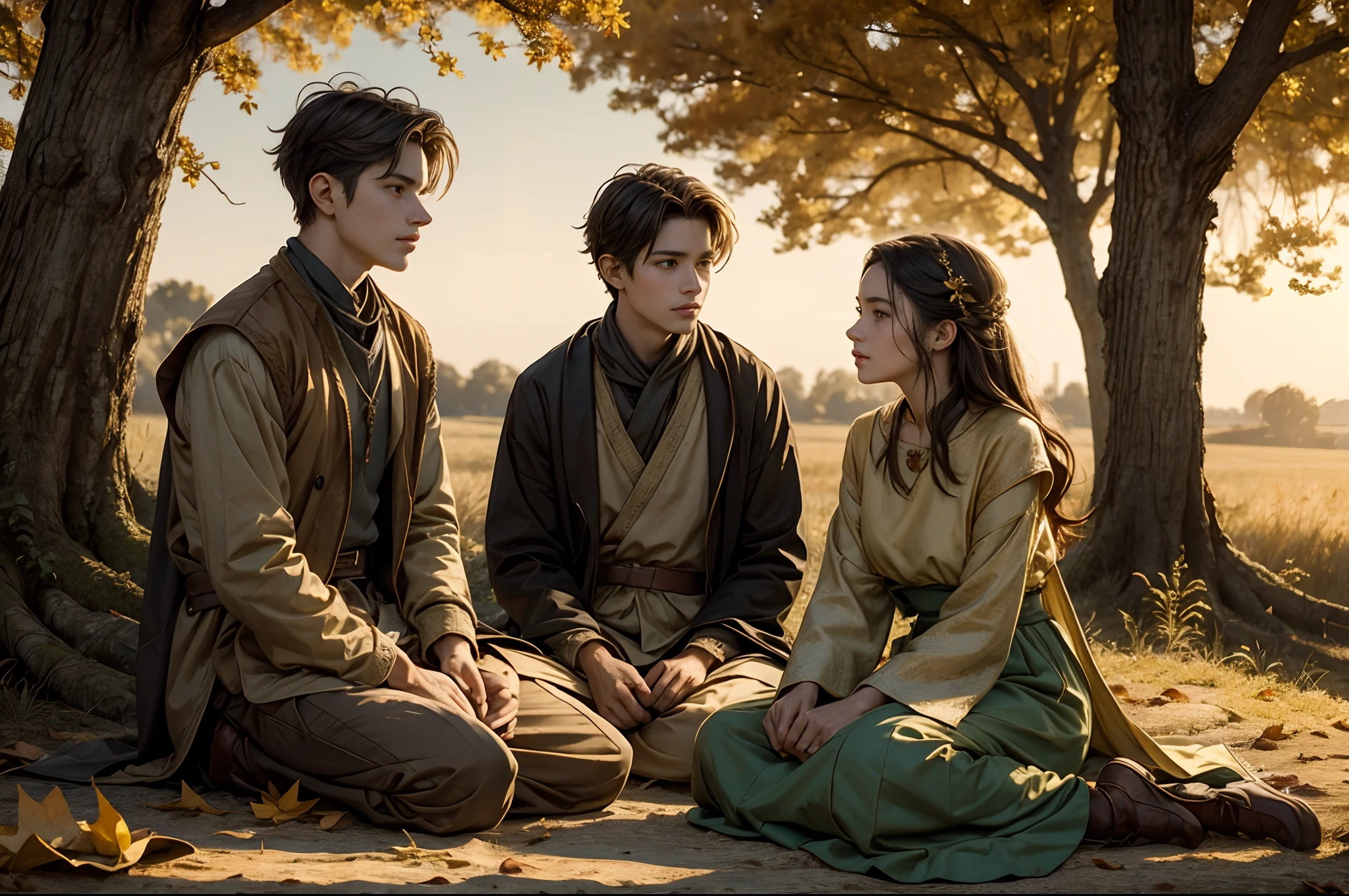 Fall season, fallow lands landscape, young peasant couple sitting on the floor talking, dressed with XIX clothe, under a tree with yellowish leaves, some fallen leaves. Soft sunset light. Photorealistic.