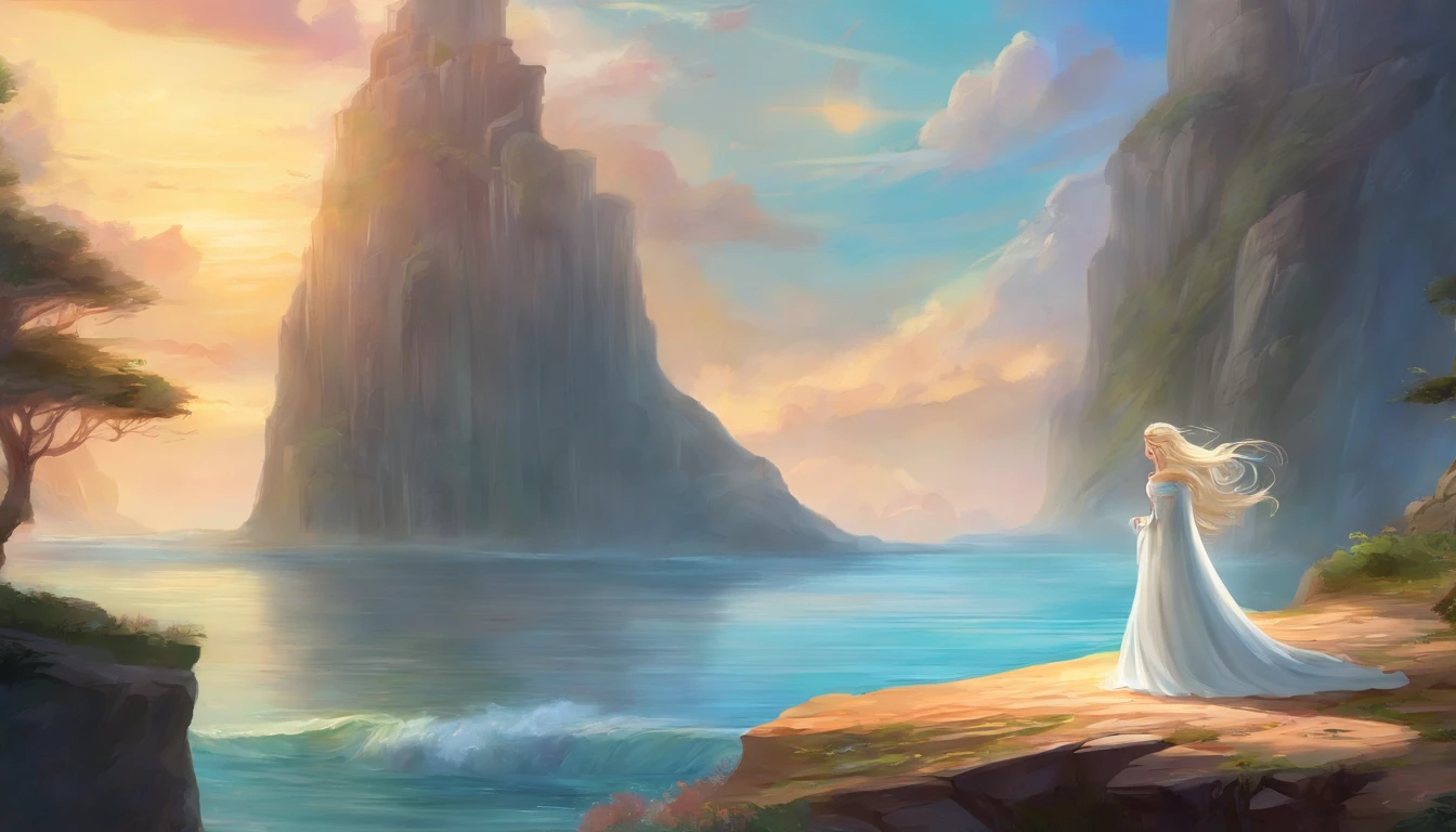 (masterpiece:1.4), (best qualit:1.4), (high resolution:1.4), elsa of arendelle, long hair, white cape, white dress, outdoors, (ocean, shore, waterfall, authumn:1.3), smile,