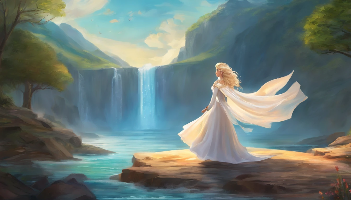 (masterpiece:1.4), (best qualit:1.4), (high resolution:1.4), elsa of arendelle, long hair, white cape, white dress, outdoors, (ocean, shore, waterfall,  authumn:1.3), smile,