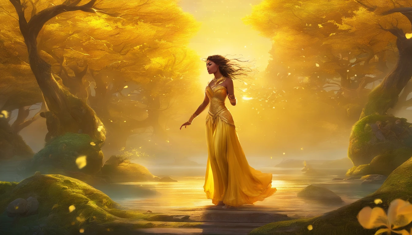 mulher em um vestido amarelo segurando um guarda-chuva amarelo, photoshoot real rainha dos oceanos, fantasy photoshoot, epic 3 d oshun, Deusa do Sol, Retrato de Darna moderno, irradiando luz dourada, como a deusa do sol, luz solar dourada, Hora de Ouro Brilhante, Moana, com panos amarelos, golden morning light, luz solar da hora dourada