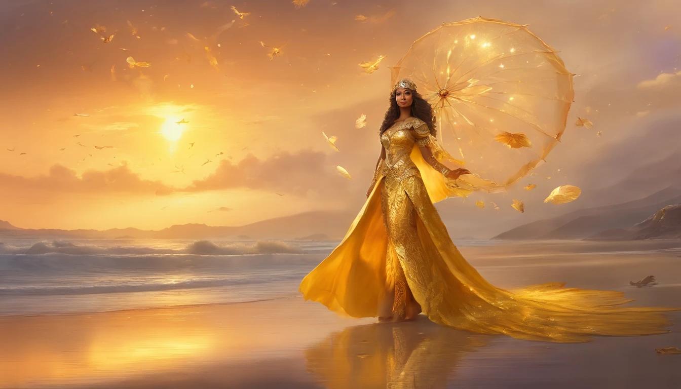 mulher em um vestido amarelo segurando um guarda-chuva amarelo, photoshoot real rainha dos oceanos, fantasy photoshoot, epic 3 d oshun, Deusa do Sol, Retrato de Darna moderno, irradiando luz dourada, como a deusa do sol, luz solar dourada, Hora de Ouro Brilhante, Moana, com panos amarelos, golden morning light, luz solar da hora dourada