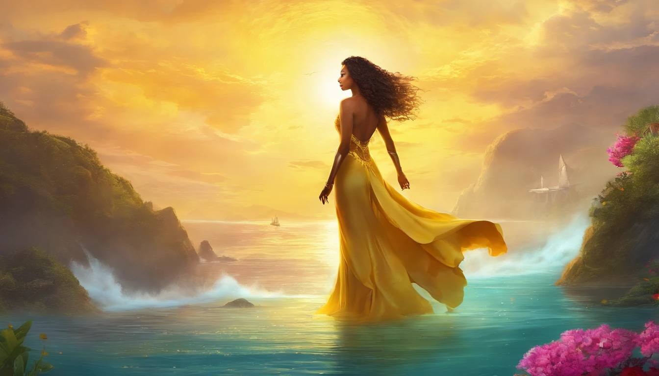 mulher em um vestido amarelo segurando um guarda-chuva amarelo, photoshoot real rainha dos oceanos, fantasy photoshoot, epic 3 d oshun, Deusa do Sol, Retrato de Darna moderno, irradiando luz dourada, como a deusa do sol, luz solar dourada, Hora de Ouro Brilhante, Moana, com panos amarelos, golden morning light, luz solar da hora dourada