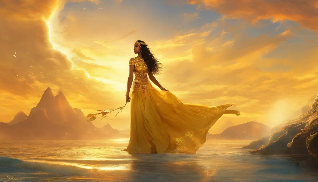 mulher em um vestido amarelo segurando um guarda-chuva amarelo, photoshoot real rainha dos oceanos, fantasy photoshoot, epic 3 d oshun, Deusa do Sol, Retrato de Darna moderno, irradiando luz dourada, como a deusa do sol, luz solar dourada, Hora de Ouro Brilhante, Moana, com panos amarelos, golden morning light, luz solar da hora dourada