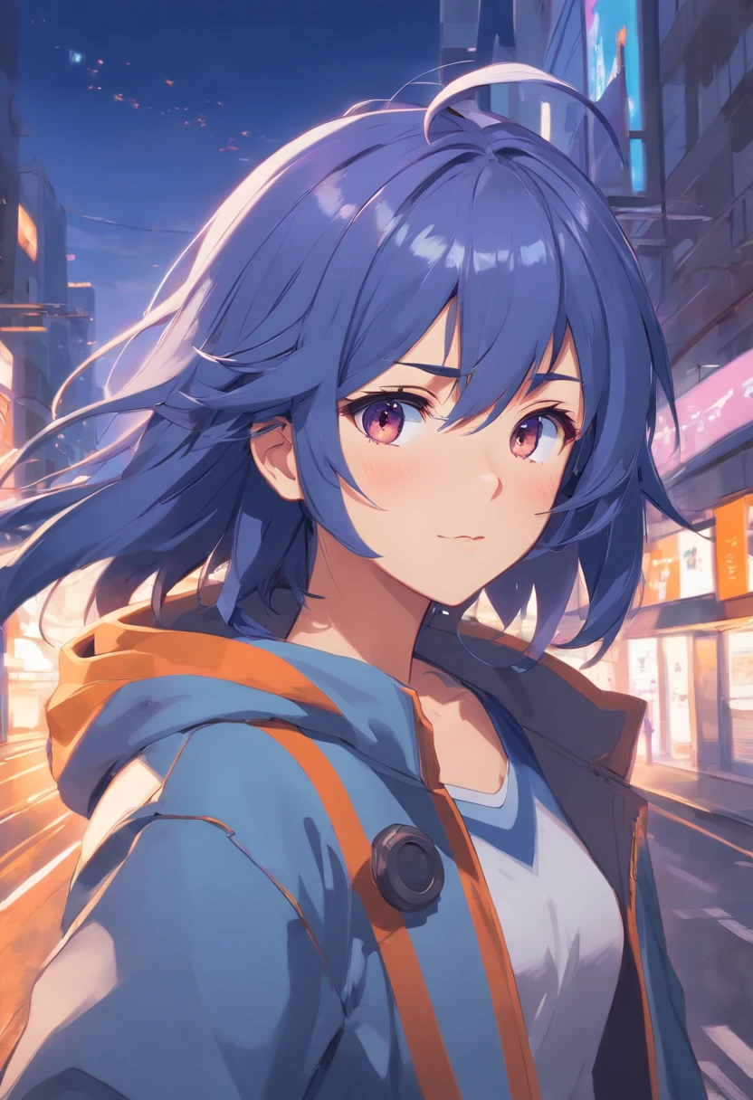 high res, best quality, ultrasharp, 8K, masterpiece, 1girl, long pale dark blue hair with dark orange streak, medium front hair, fancy grey clothes, purple gloves, brown eyes, warm and friendly and kind and worried expression.