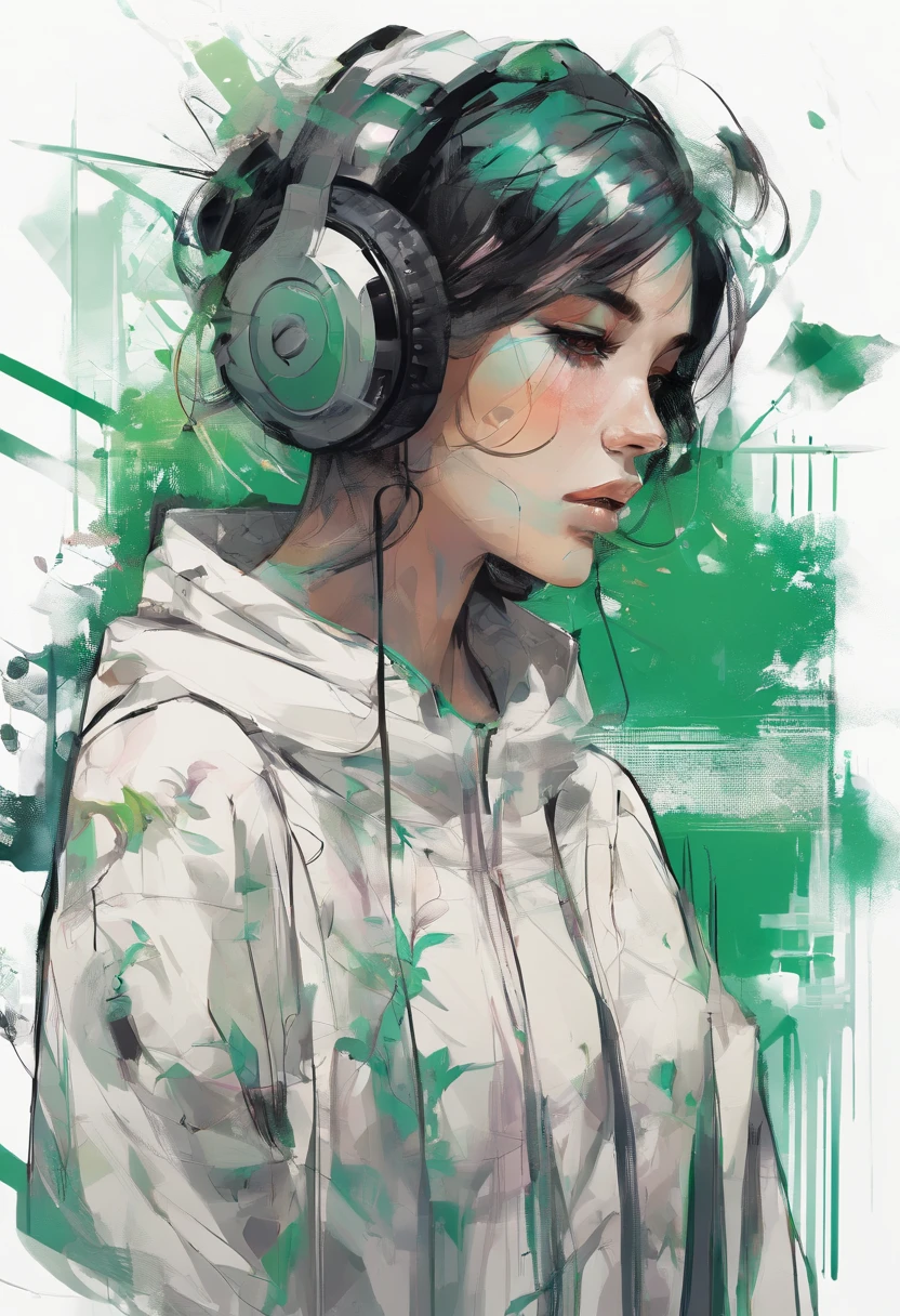 An illustration of a portrait of a beautiful white woman with black hair smiling, dressed with a green and white dress, wearing a straw hat, a sunny day in the background, a lot of details, Perfect centering, Wearing a jacke，With a round face，in green，florals，pentacle，Watches，, Wearing headphones, cheerfulness, Standing position, Abstract beauty, Centered, Looking at the camera, Facing the camera, Approaching perfection, Dynamic, Highly detailed, Smooth, Sharp Focus, 8K, hight resolution, Illustration, art by carne griffiths and wadim kashin, White background