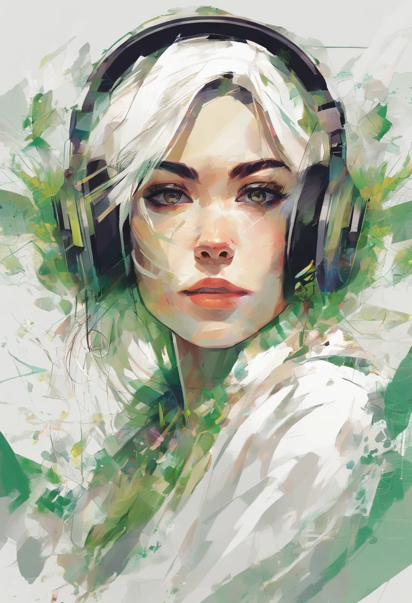 An illustration of a portrait of a beautiful white woman with black hair smiling, dressed with a green and white dress, wearing a straw hat, a sunny day in the background, a lot of details, Perfect centering, Wearing a jacke,With a round face,in green,florals,pentacle,Watches,, Wearing headphones, cheerfulness, Standing position, Abstract beauty, Centered, Looking at the camera, Facing the camera, Approaching perfection, Dynamic, Highly detailed, Smooth, Sharp Focus, 8K, hight resolution, Illustration, art by carne griffiths and wadim kashin, White background