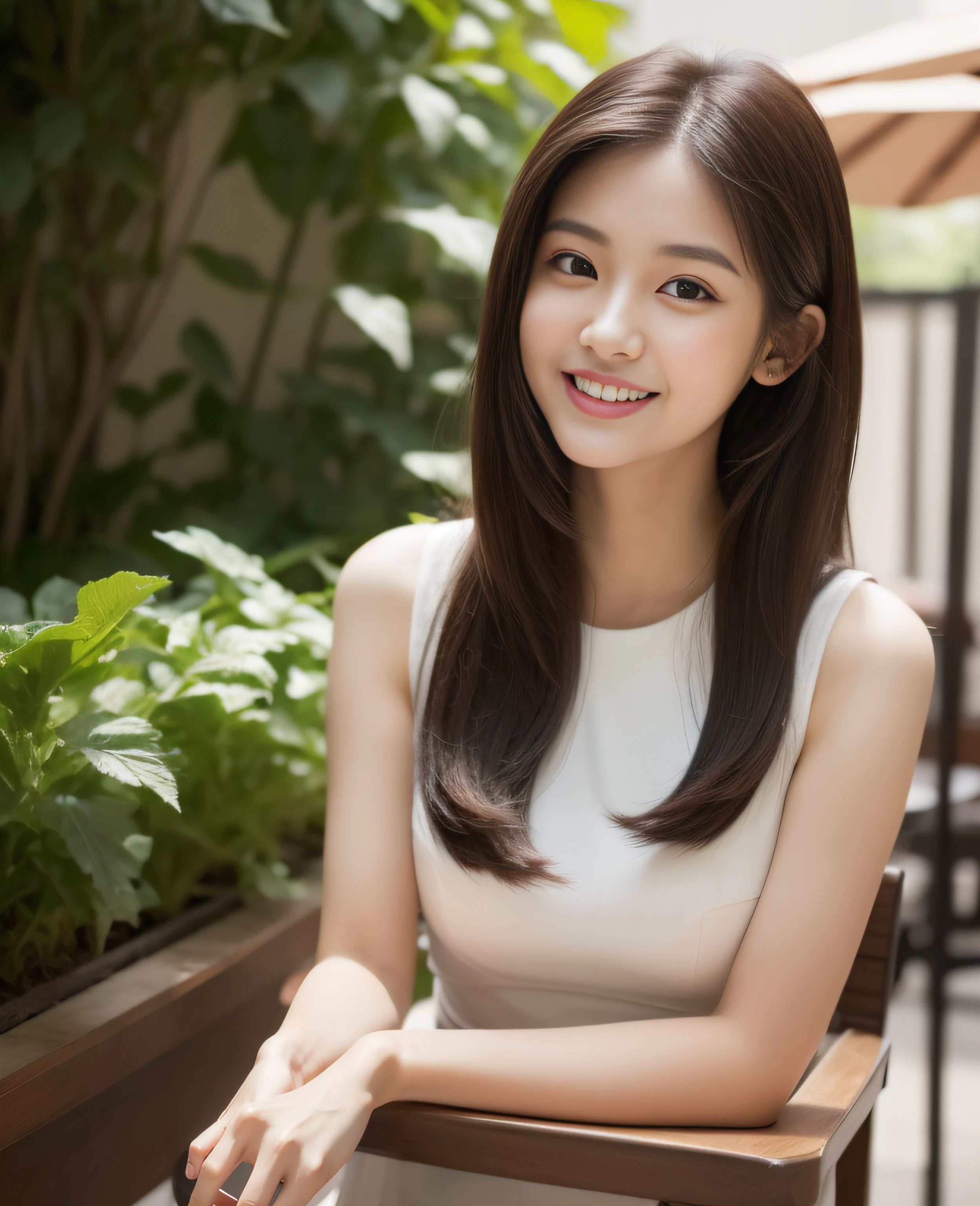 ((Top quality, 8K, Masterpiece: 1.3)), Beautiful girl, Pure, Melon face, Kind and cute, Sweet smile, Pure desire, Slender body, (Front), (Tilted head), ((Looking at camera) ), wearing a casual dress, black silky long hair, long flowing shoulders, round black big eyes, clear big eyes, moist red lips, sweet, sitting on a chair, afternoon cafe terrace background ,(((waist shot))),