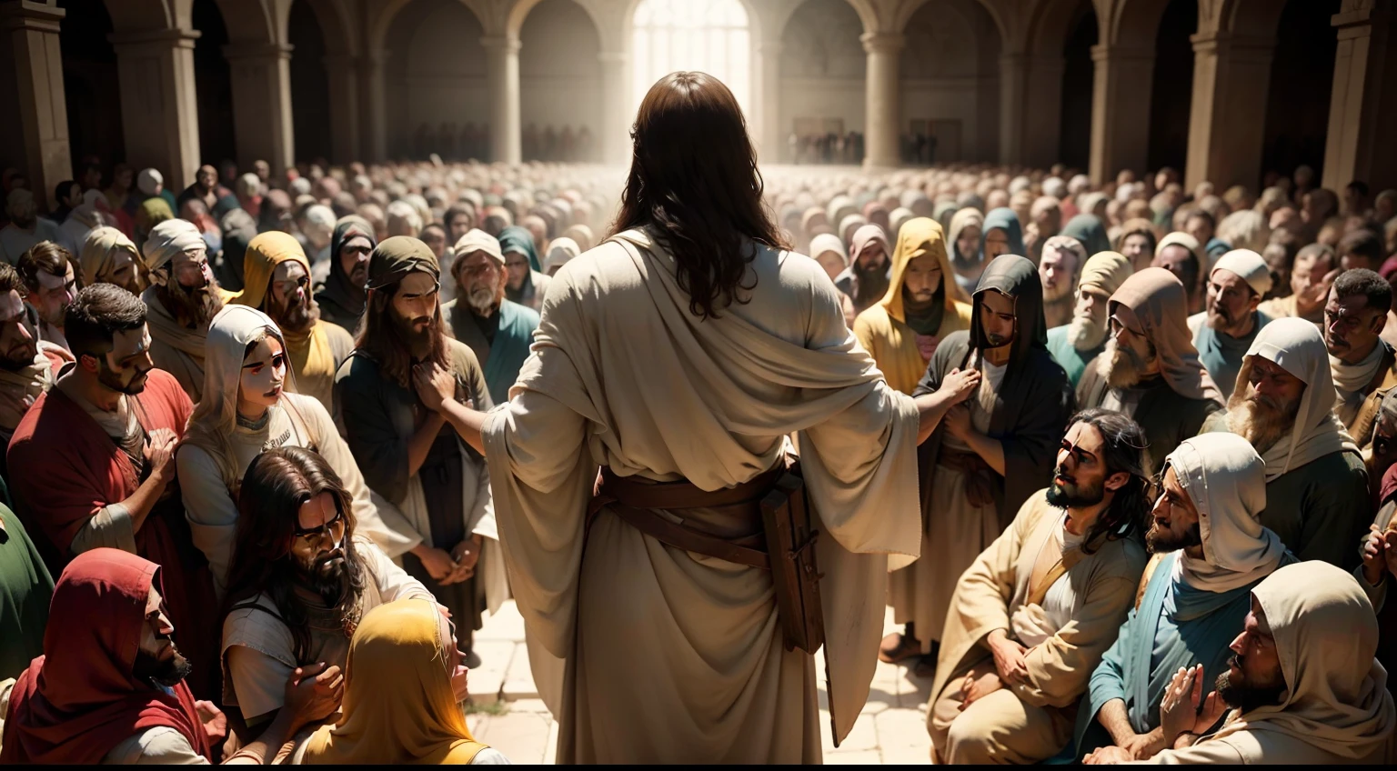 "A powerful depiction of Jesus surrounded by a diverse crowd, radiating compassion and unity to emphasize the deep message of history."