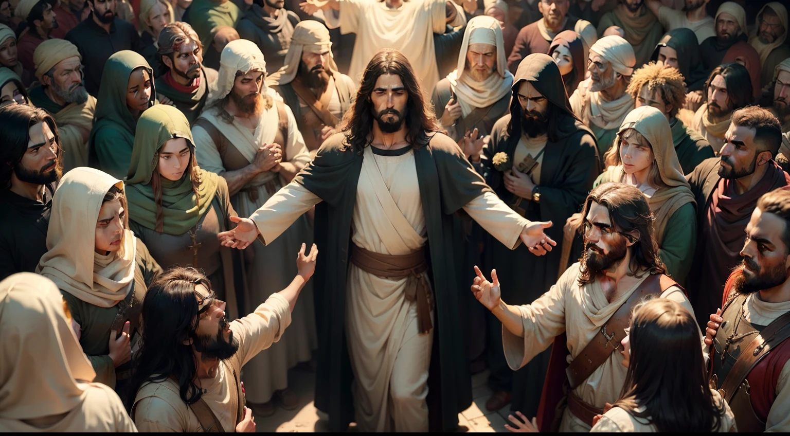 "A powerful depiction of Jesus surrounded by a diverse crowd, radiating compassion and unity to emphasize the deep message of history."