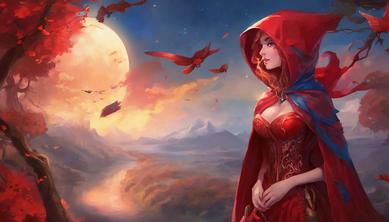 blue eyes, RedHoodWaifu, (red hood, cape, corset, dress, red skirt), fruit basket, nice hands, good hands, detailed face, detailed eyes, detailed lips, detailed eyelashes,