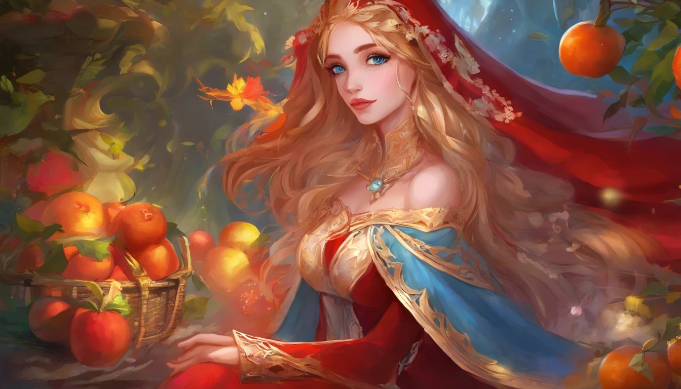 blue eyes,  RedHoodWaifu, (red hood, cape, corset, dress, red skirt),  fruit basket,  nice hands, good hands, detailed face, detailed eyes, detailed lips, detailed eyelashes,