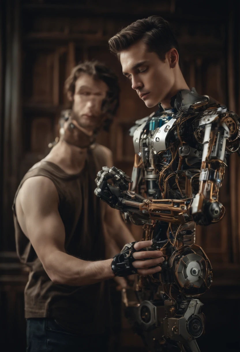 Young man with mechanical arm and structure of an artificial robot on one side of his face