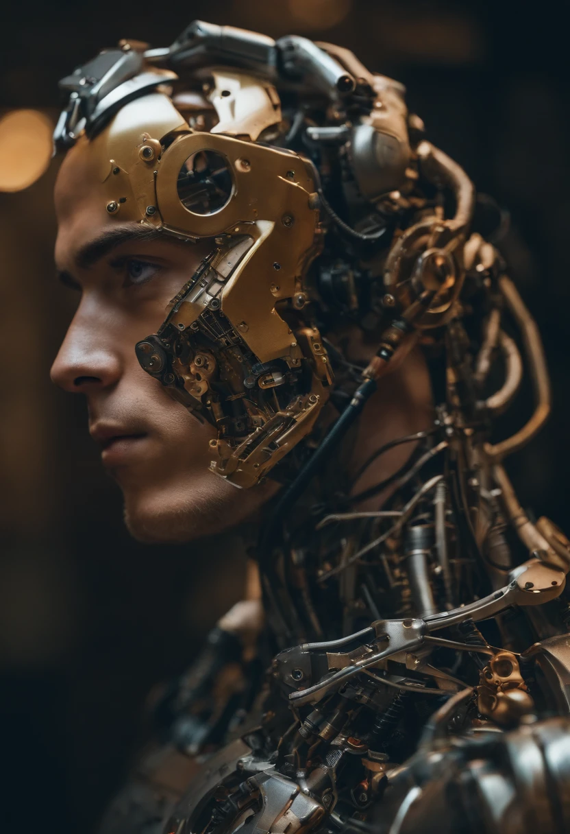 Young man with mechanical arm and structure of an artificial robot on one side of his face