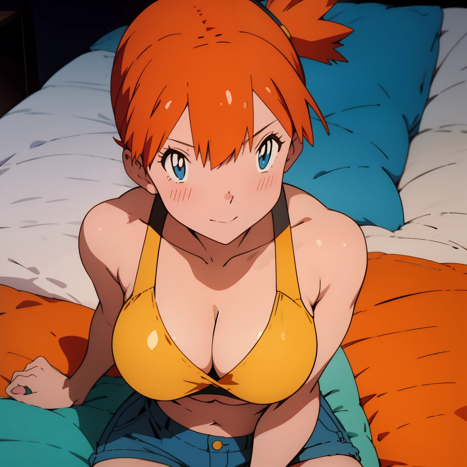 (masterpiece, best quality), 1girl, misty_"pokemon", 8k, orange hair, side ponytail, big breasts. yellow bikini, denim mini short, beautiful blue eyes, cleavage, big breasts, blushing, masturbation, lying, lie on bed, Grab your own breasts, Spread your legs, Raise your legs, underboob, visible bellybutton,