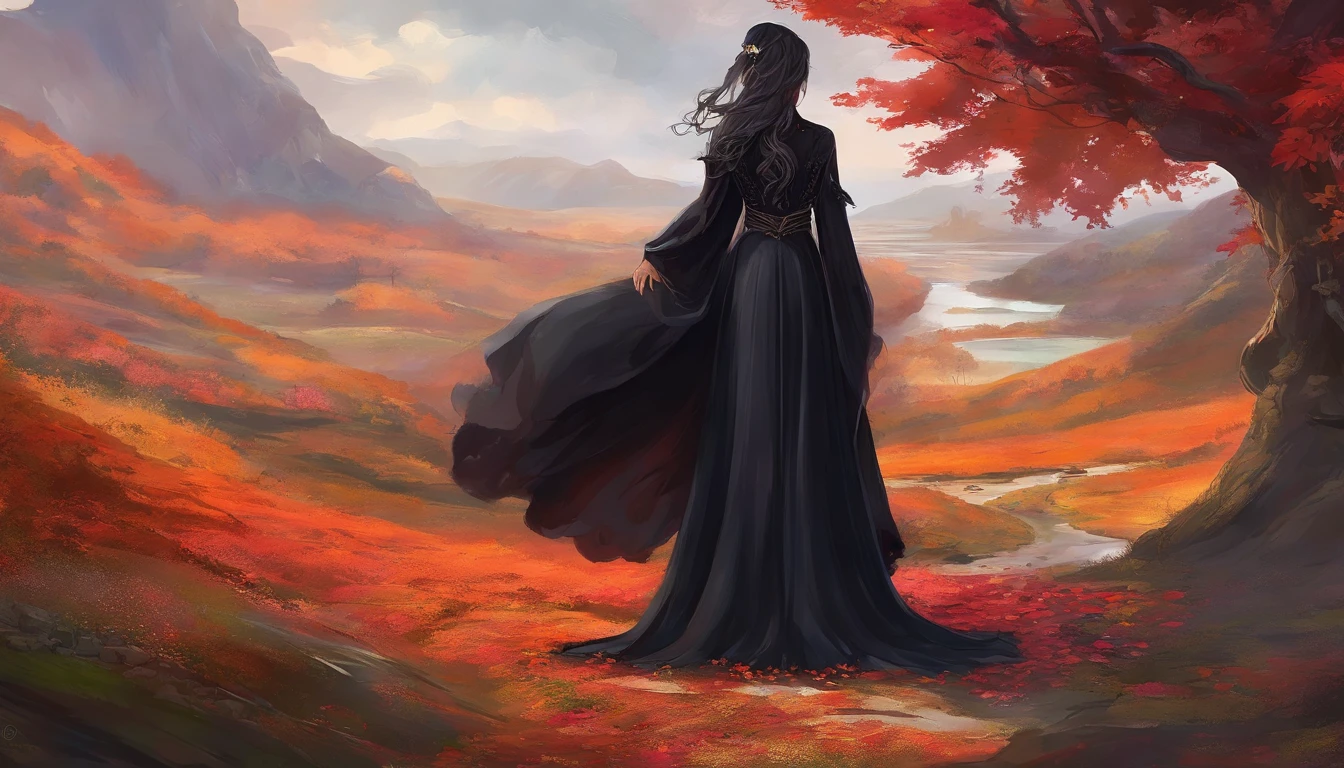 there is a woman in a black dress standing on a rock, Garota Anime usando um vestido preto, fantasy style clothing, vestido longo preto escuro, an elegant gothic princess, Xianxia de corpo inteiro, Sha Xi, uma mulher elegante no vestido preto, por Yang J, wearing a gothic dress, linda senhora, vestido preto escuro, flowing black gown, usando roupas formais de fantasia