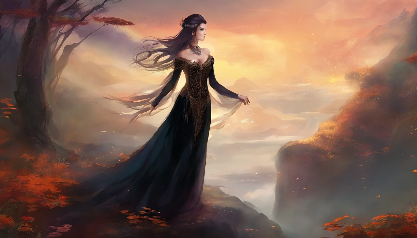 Painting of Hecate, ultra high quality,the Greek Goddess of witches, a powerful and dark appearance with an imposing and profound presence, a tall 30-year-old woman with a beautiful physique, long black hair, a serious and noble face, her eyes shine with a radiant and magical glow, she wears a long flowing black dress, scene in the forest, painting by Christophe Vacher, realistic oil painting, classical realism