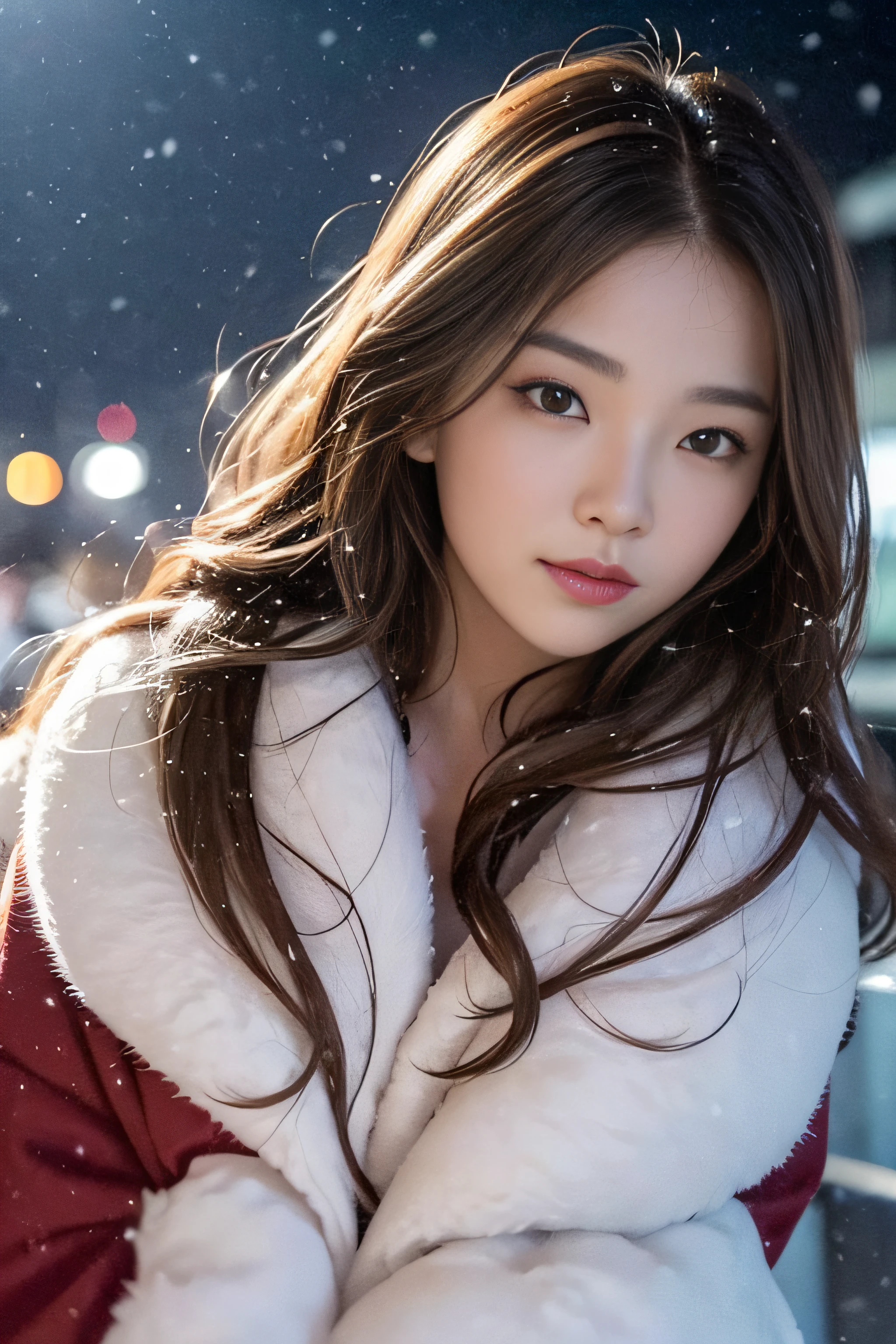 1womanl、late 20s age、(Strong-willed super beauty)、(ultra beautiful faces)、Wearing makeup、Wavy brown hair、Shallow depth of field、It's snowing since I got off the night train、Only the sound of the sea is heard、I also took the ferry alone、I was staring at the freezing seagull
