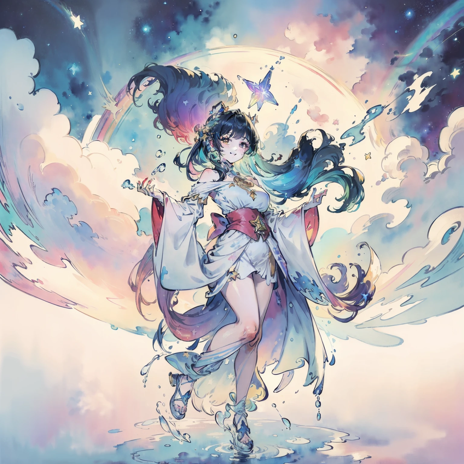 (masterpiece, top quality, best quality,watercolor (medium),official art, beautiful and aesthetic:1.2), (unreal art:1.3), full body, smiling, inviting you in, viewer,patterns,(rainbow color Hair,colorful hair, full cosmic star hair:1.2) liquid, cloud,colorful, starry,stars, goddess of pleasure, dripping cream.sun's. Kim Kardashian face and body.