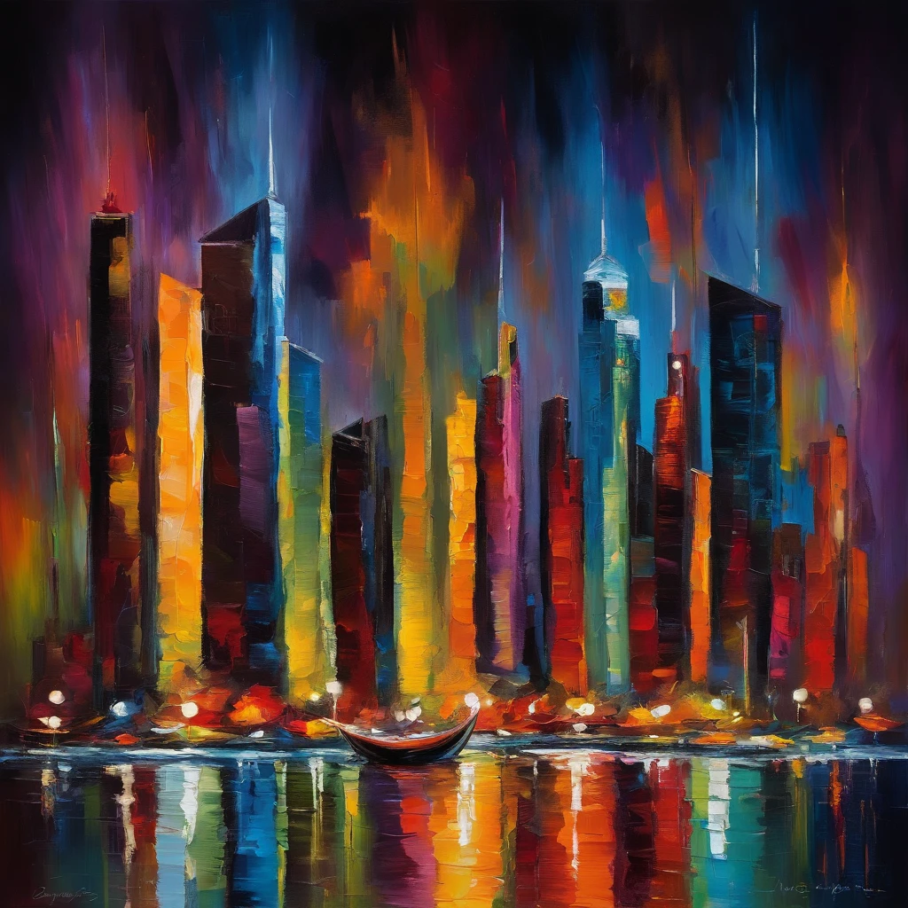 A nighttime image of the city, with skyscrapers illuminated by neon lights