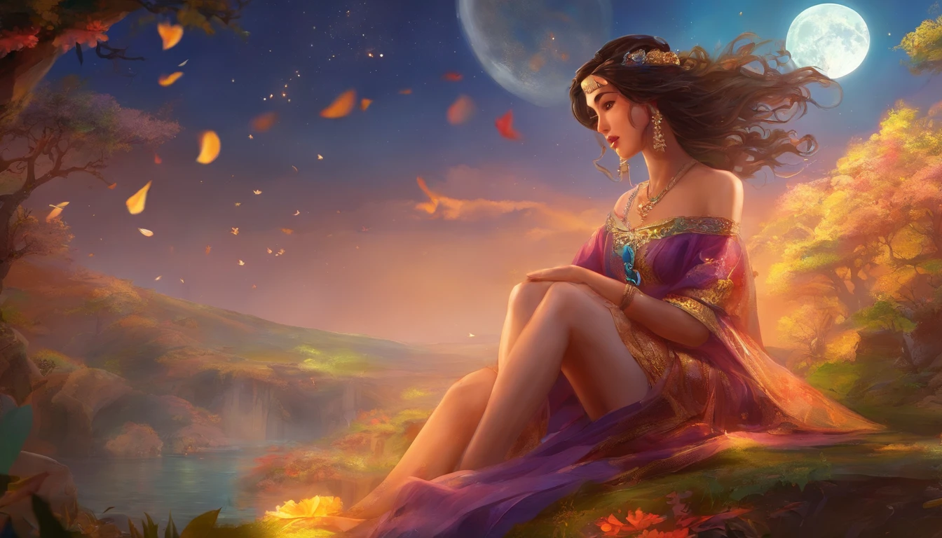 jasmine 1girl, solo, looking at viewer, smile, shirt, bare shoulders, jewelry, sitting, full body, flower, earrings, pants, off shoulder, crop top, makeup, bird, border, moon, full moon, off-shoulder shirt (realistic:1.2), (realism), (masterpiece:1.2), (best quality), (ultra detailed), (8k, 4k, intricate),(full-body-shot:1), (85mm),light particles, lighting, (highly detailed:1.2),(detailed face:1.2), (gradients), sfw, colorful,(detailed eyes:1.2)(detailed background),detailed landscape, (dynamic angle:1.2), (dynamic pose:1.2), (rule of third_composition:1.3), (Line of action:1.2)