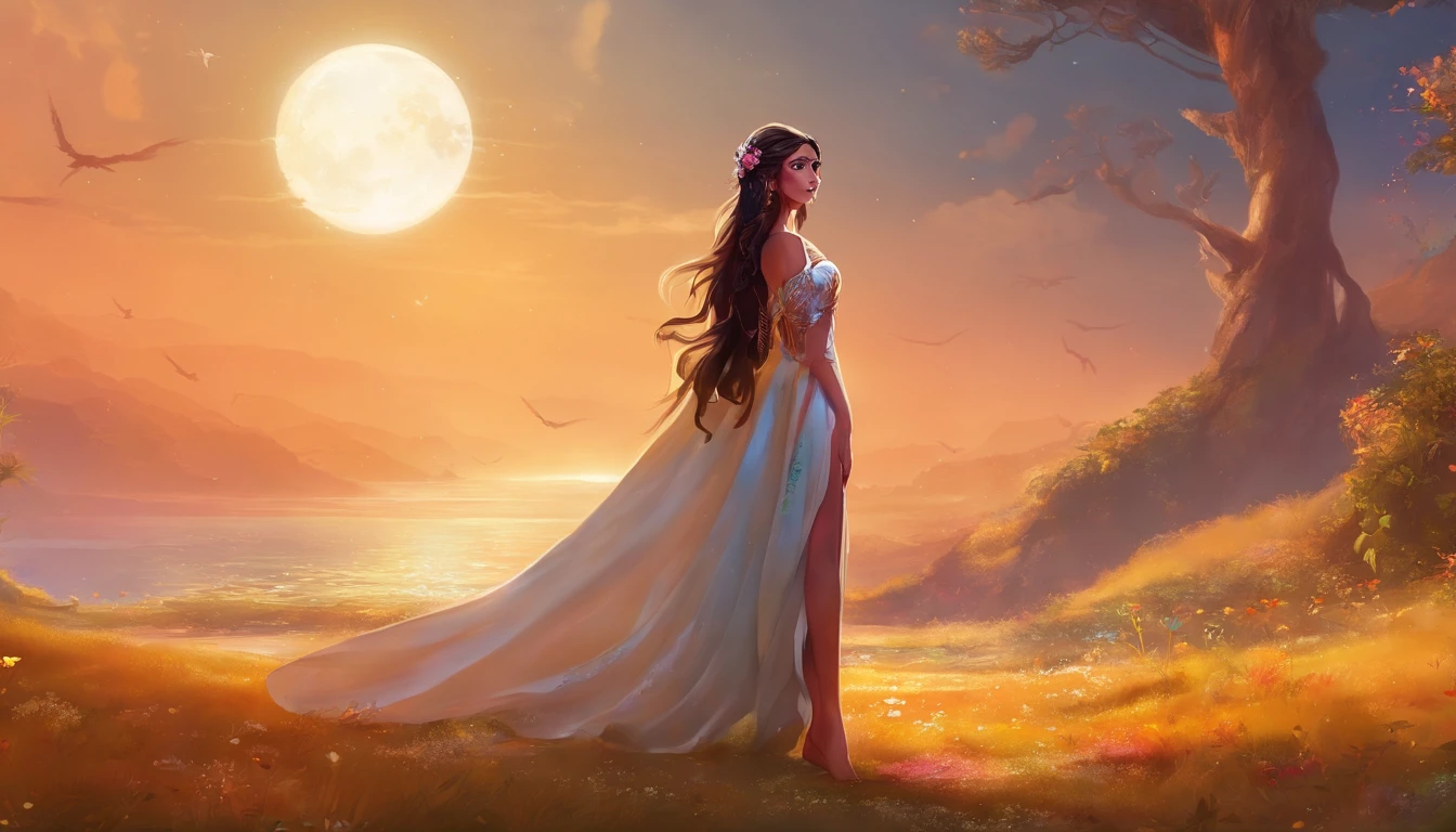 jasmine 1girl, solo, looking at viewer, smile, shirt, bare shoulders, jewelry, sitting, full body, flower, earrings, pants, off shoulder, crop top, makeup, bird, border, moon, full moon, off-shoulder shirt (realistic:1.2), (realism), (masterpiece:1.2), (best quality), (ultra detailed), (8k, 4k, intricate),(full-body-shot:1), (85mm),light particles, lighting, (highly detailed:1.2),(detailed face:1.2), (gradients), sfw, colorful,(detailed eyes:1.2)(detailed background),detailed landscape, (dynamic angle:1.2), (dynamic pose:1.2), (rule of third_composition:1.3), (Line of action:1.2)
