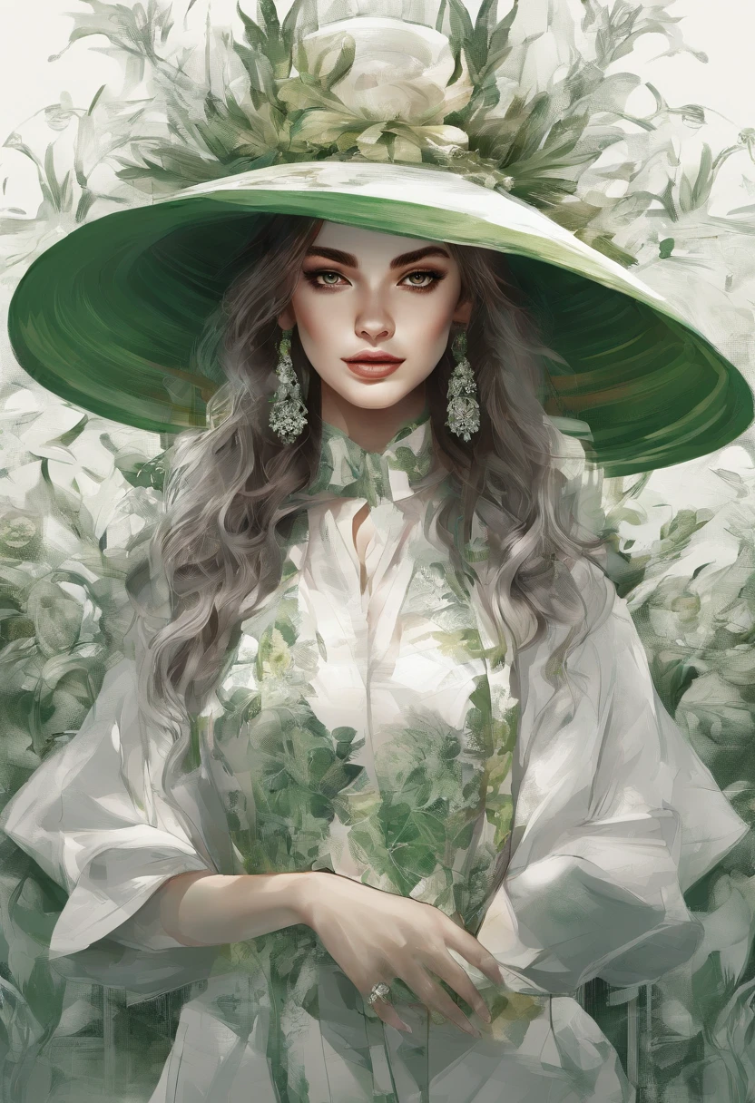 An illustration of a portrait of a beautiful white woman with black hair smiling, dressed with a green and white dress, wearing a straw hat, a sunny day in the background, a lot of details, Perfect centering, Wearing a jacke,With a round face,in green,florals,pentacle,Watches, cheerfulness, Standing position, Abstract beauty, Centered, Looking at the camera, Facing the camera, Approaching perfection, Dynamic, Highly detailed, Smooth, Sharp Focus, 8K, hight resolution, Illustration, art by carne griffiths and wadim kashin