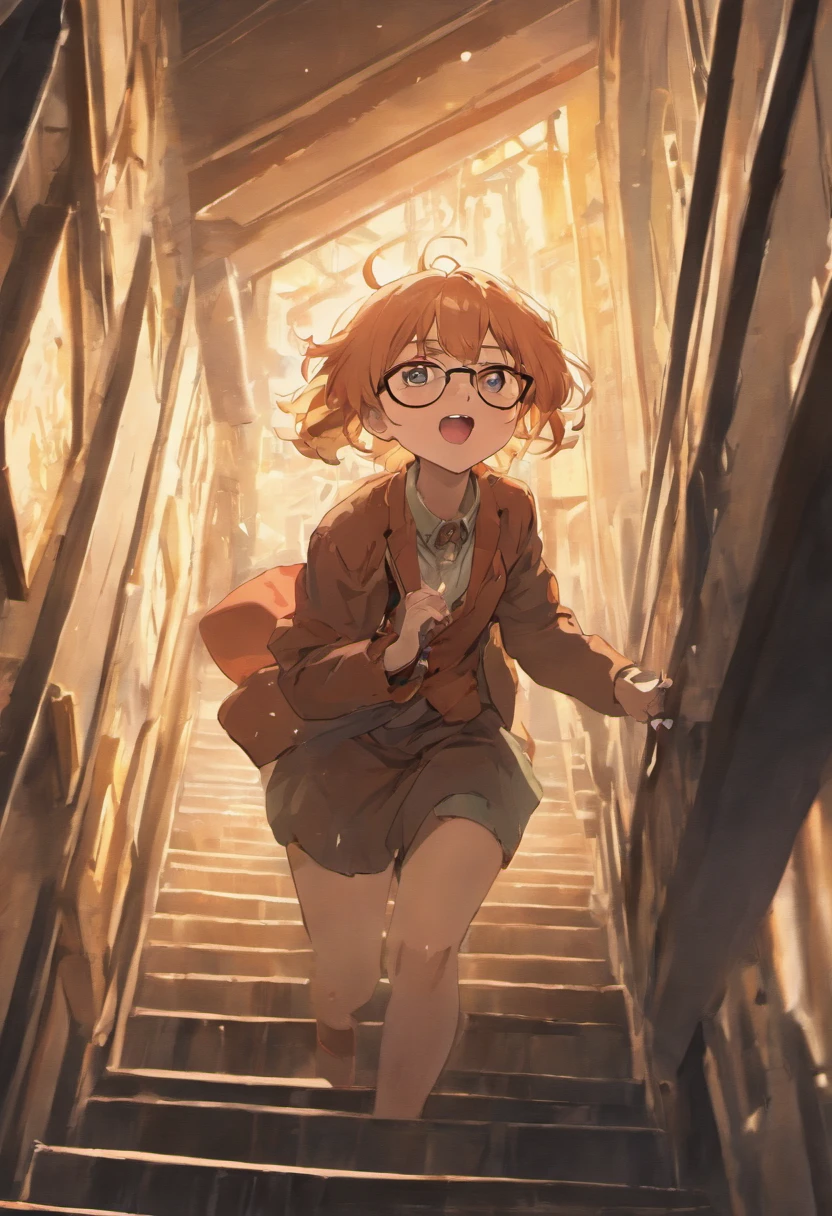 Wearing glasses　Hair is cream　Yawning while climbing stairs　Light pointing from the window