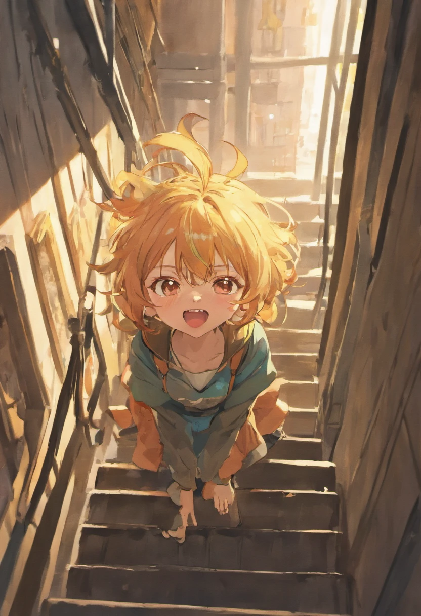Wearing glasses Hair is cream Yawning while climbing stairs Light pointing from the window