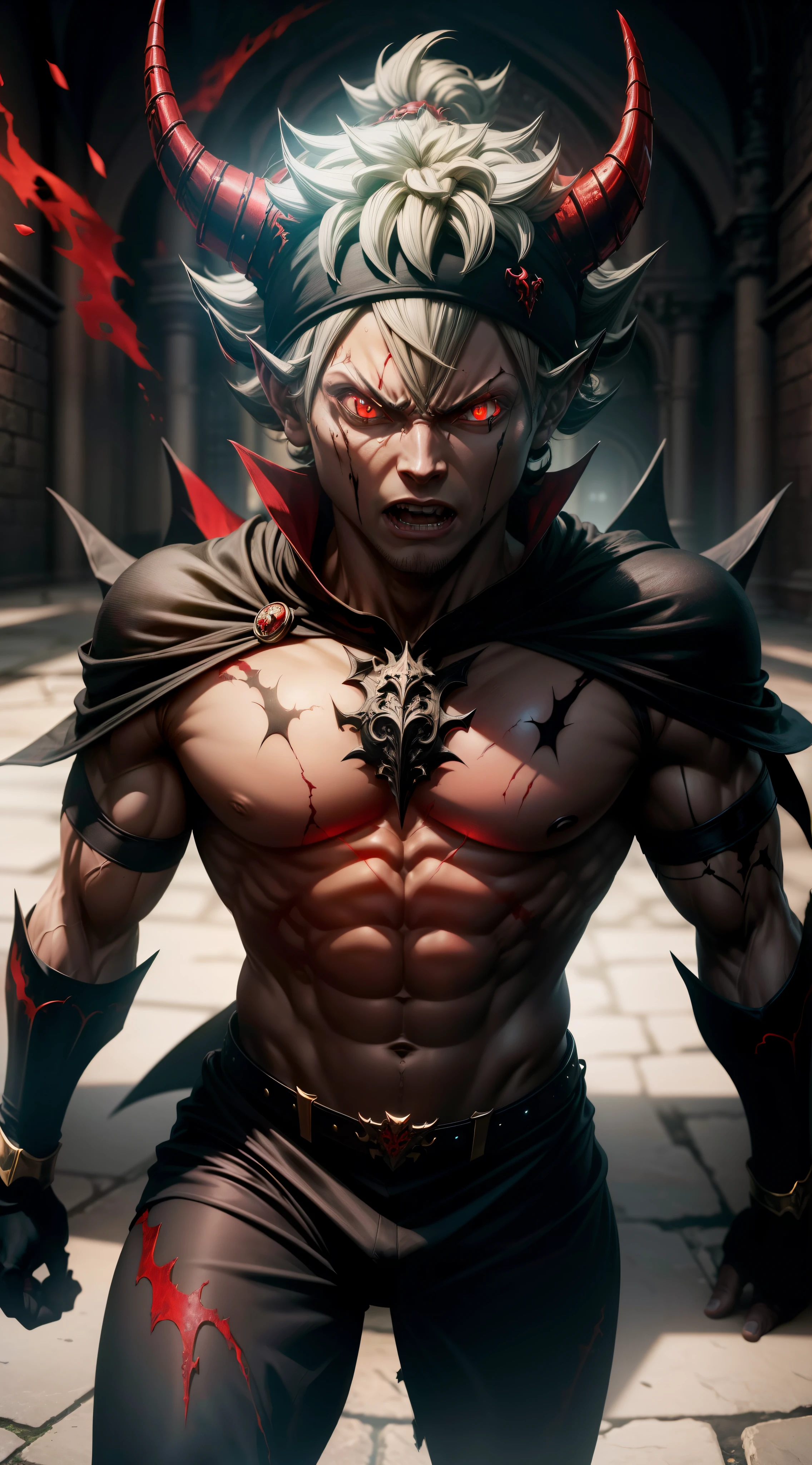 (Masterpiece), (hyper-realistic), (1man), (muscular body), (full body shot), (high detailed), (devil form), (eyes glow red), (devils), full body shot, Asta Black Clover, wearing devil armor, red and black, look at viewer, dinamic lighting, devil form, red evil eyes, black demon, the hells background.